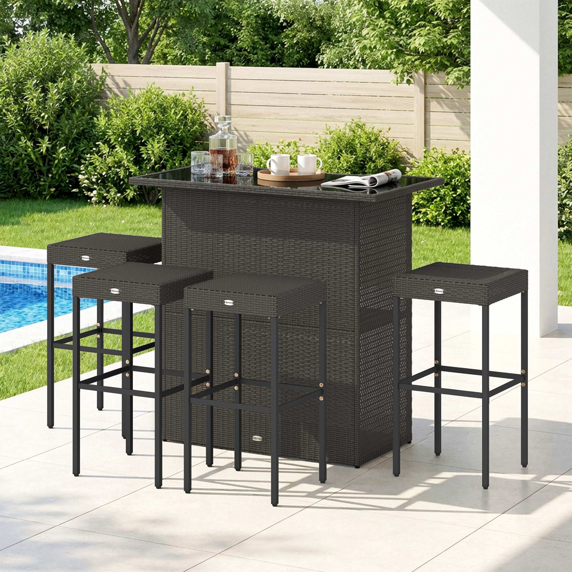 5 Piece Outdoor Wicker Bar Set with Glass Top Table and 4 Stools, Dark Brown - Image 10