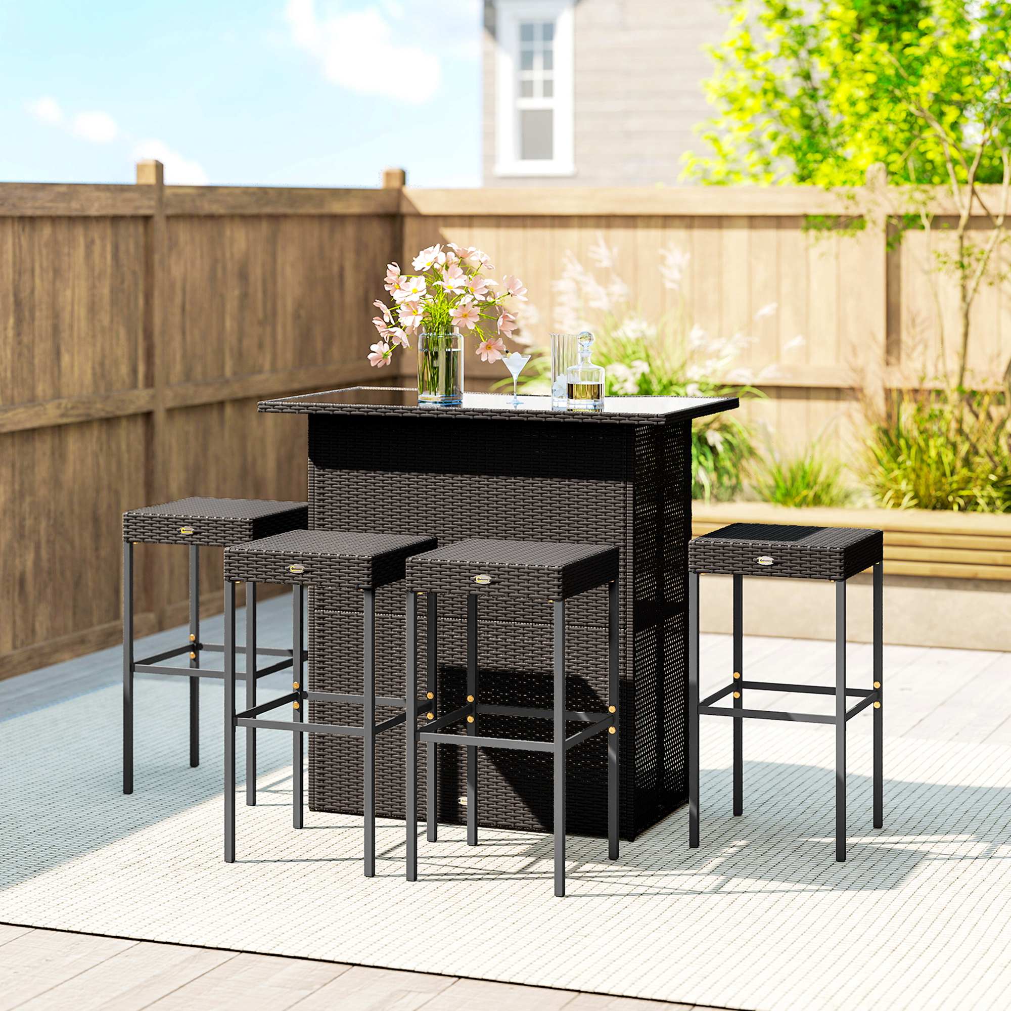 5 Piece Outdoor Wicker Bar Set with Glass Top Table and 4 Stools, Dark Brown - Image 11