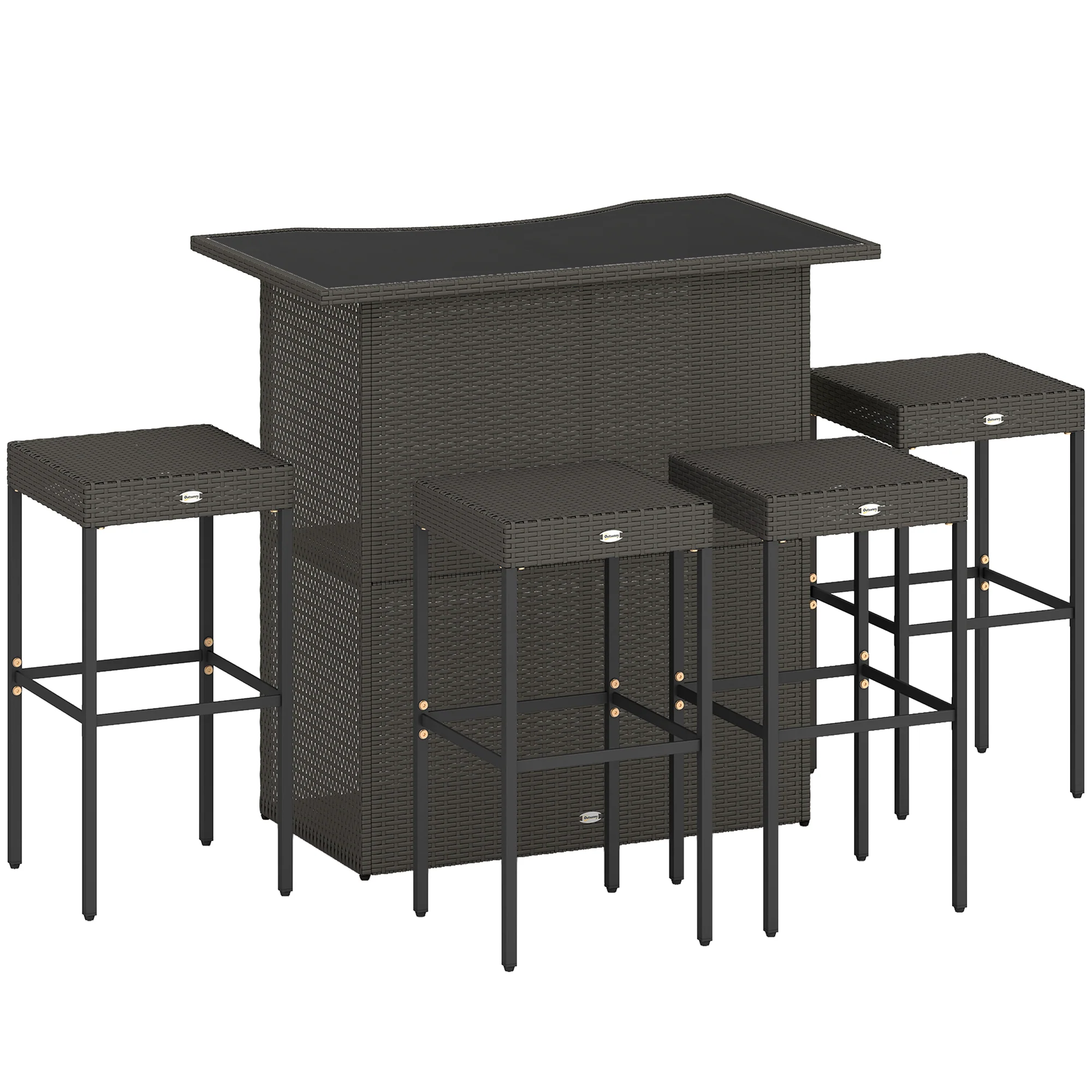 5 Piece Outdoor Wicker Bar Set with Glass Top Table and 4 Stools, Dark Brown - Image 12