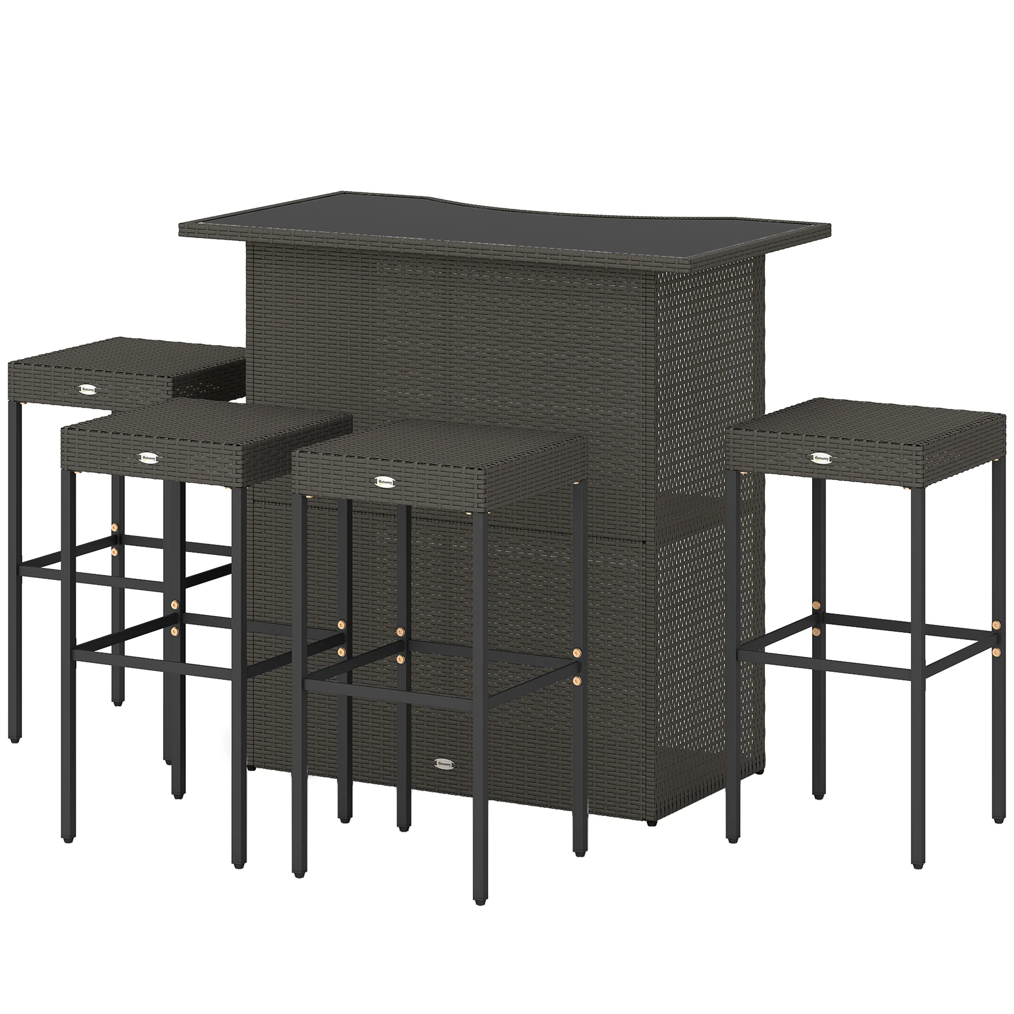 5 Piece Outdoor Wicker Bar Set with Glass Top Table and 4 Stools, Dark Brown - Image 2