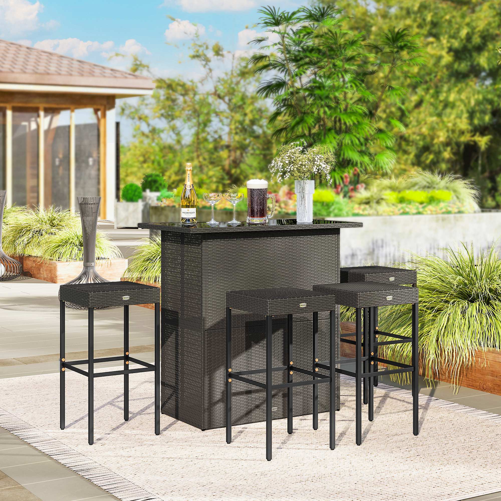 5 Piece Outdoor Wicker Bar Set with Glass Top Table and 4 Stools, Dark Brown - Image 3