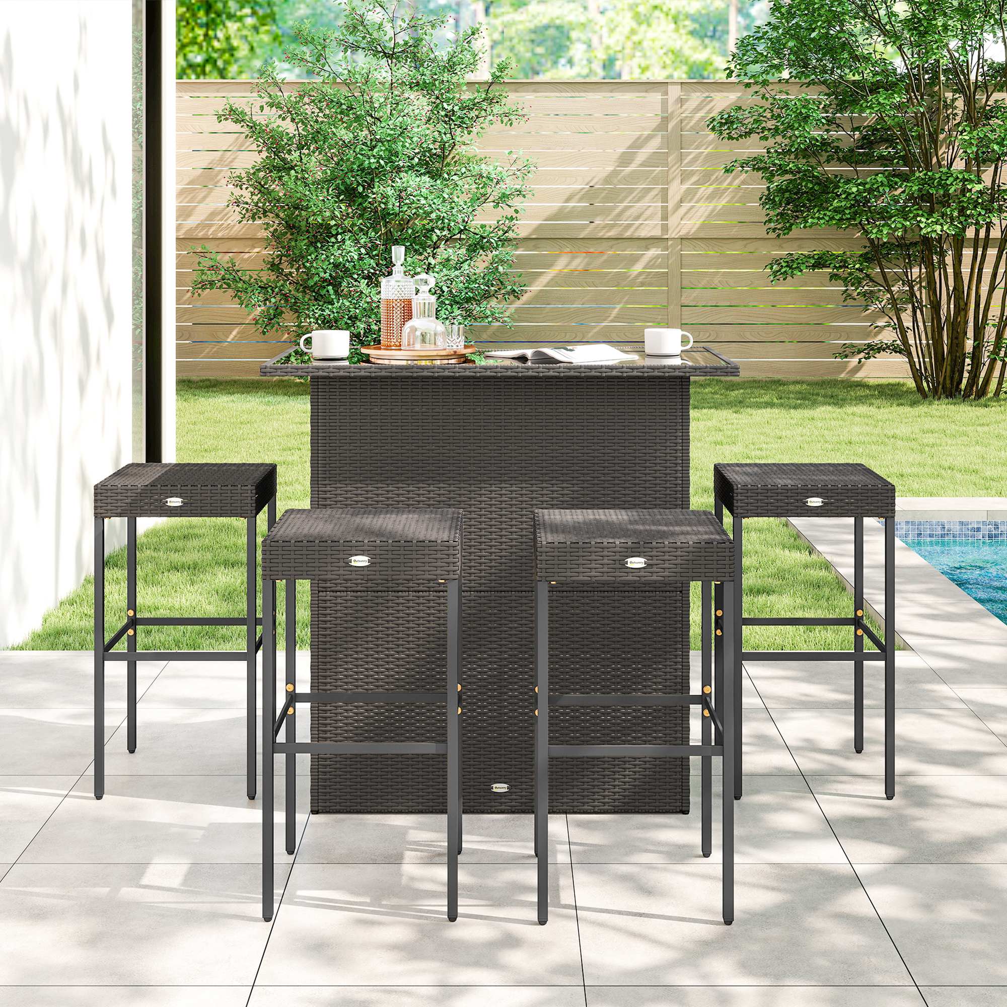 5 Piece Outdoor Wicker Bar Set with Glass Top Table and 4 Stools, Dark Brown - Image 4