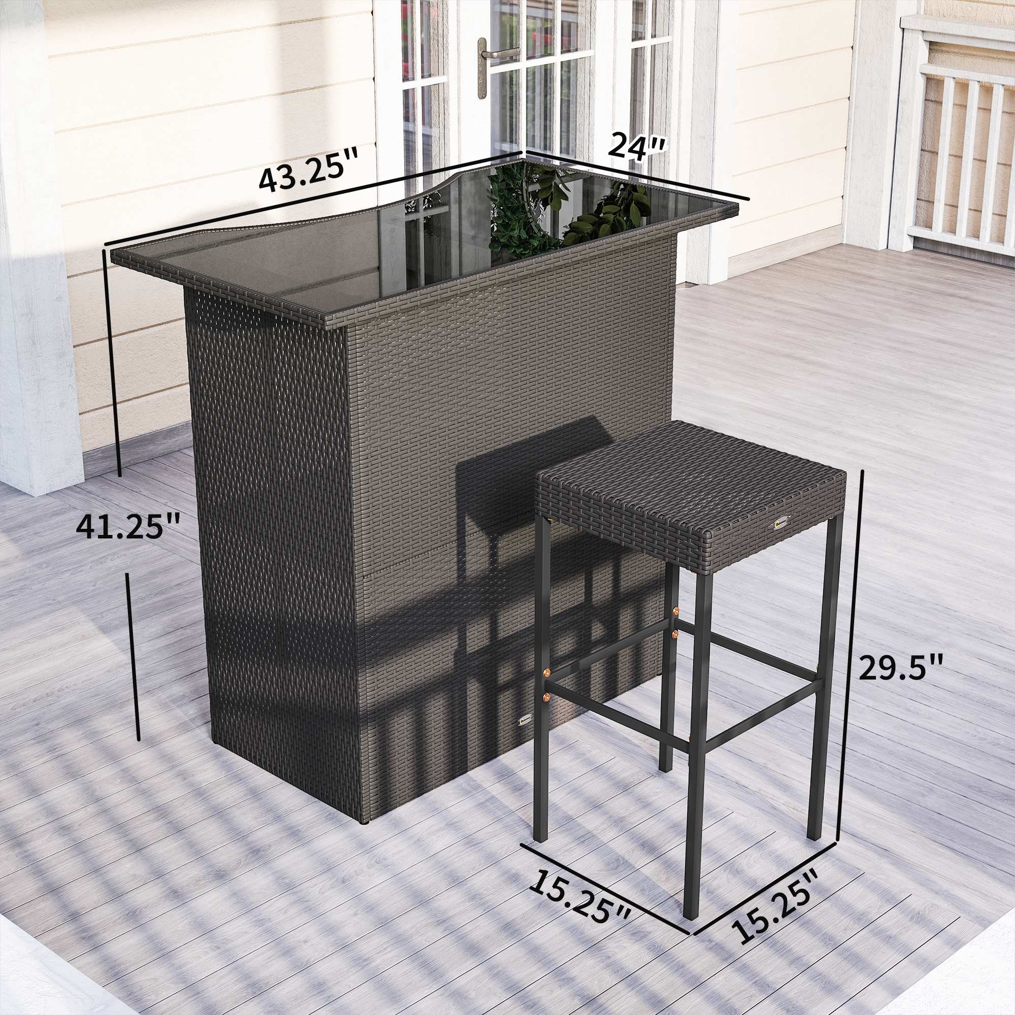 5 Piece Outdoor Wicker Bar Set with Glass Top Table and 4 Stools, Dark Brown - Image 5