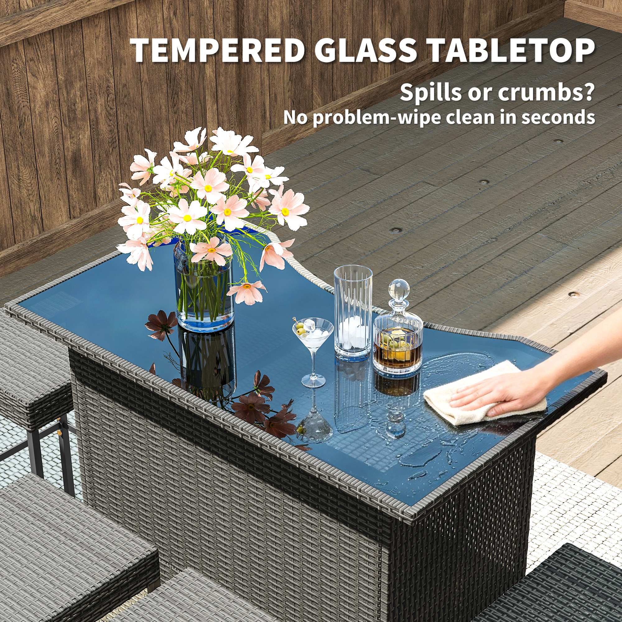 5 Piece Outdoor Wicker Bar Set with Glass Top Table and 4 Stools, Dark Gray - Image 8