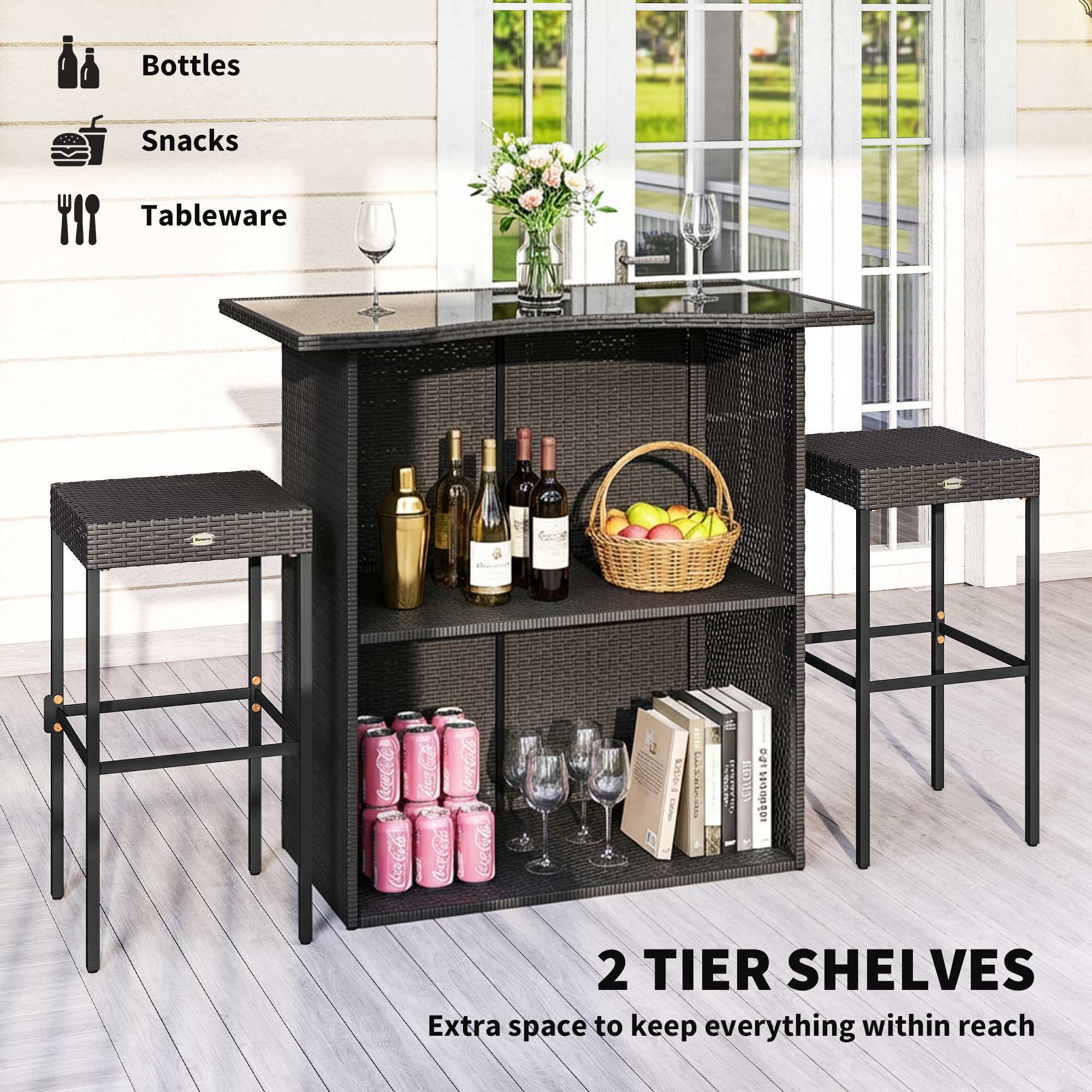 5 Piece Outdoor Wicker Bar Set with Glass Top Table and 4 Stools, Dark Brown - Image 6