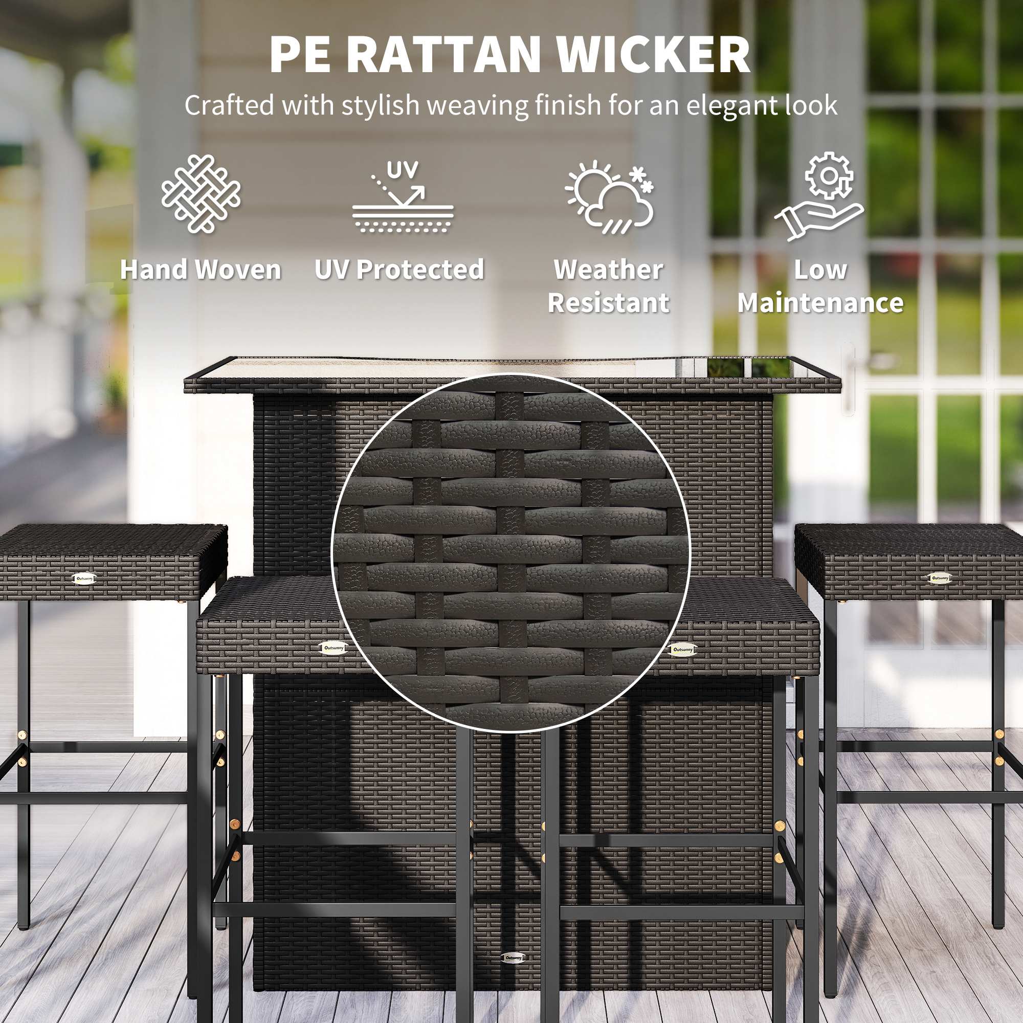 5 Piece Outdoor Wicker Bar Set with Glass Top Table and 4 Stools, Dark Brown - Image 7