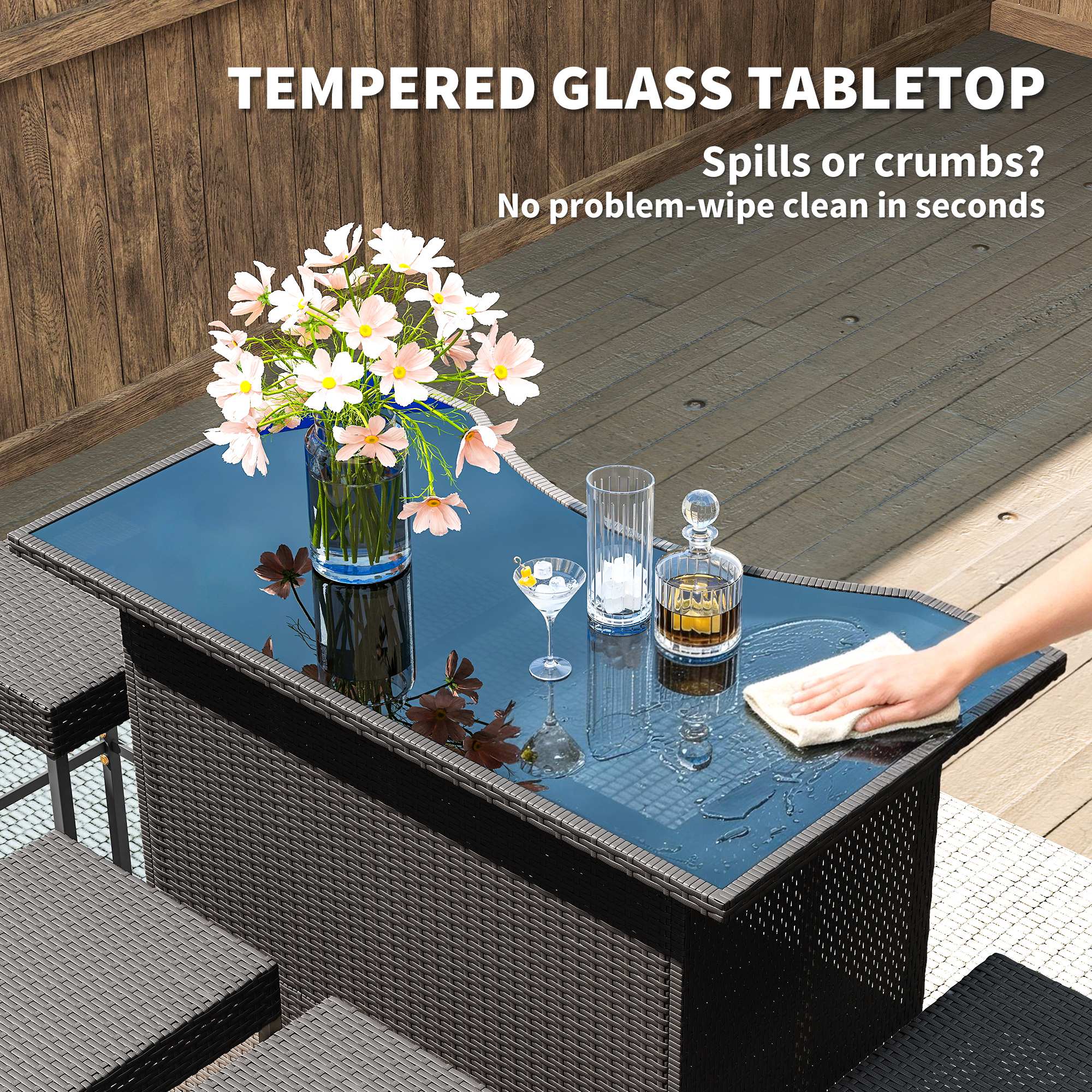 5 Piece Outdoor Wicker Bar Set with Glass Top Table and 4 Stools, Dark Brown - Image 8