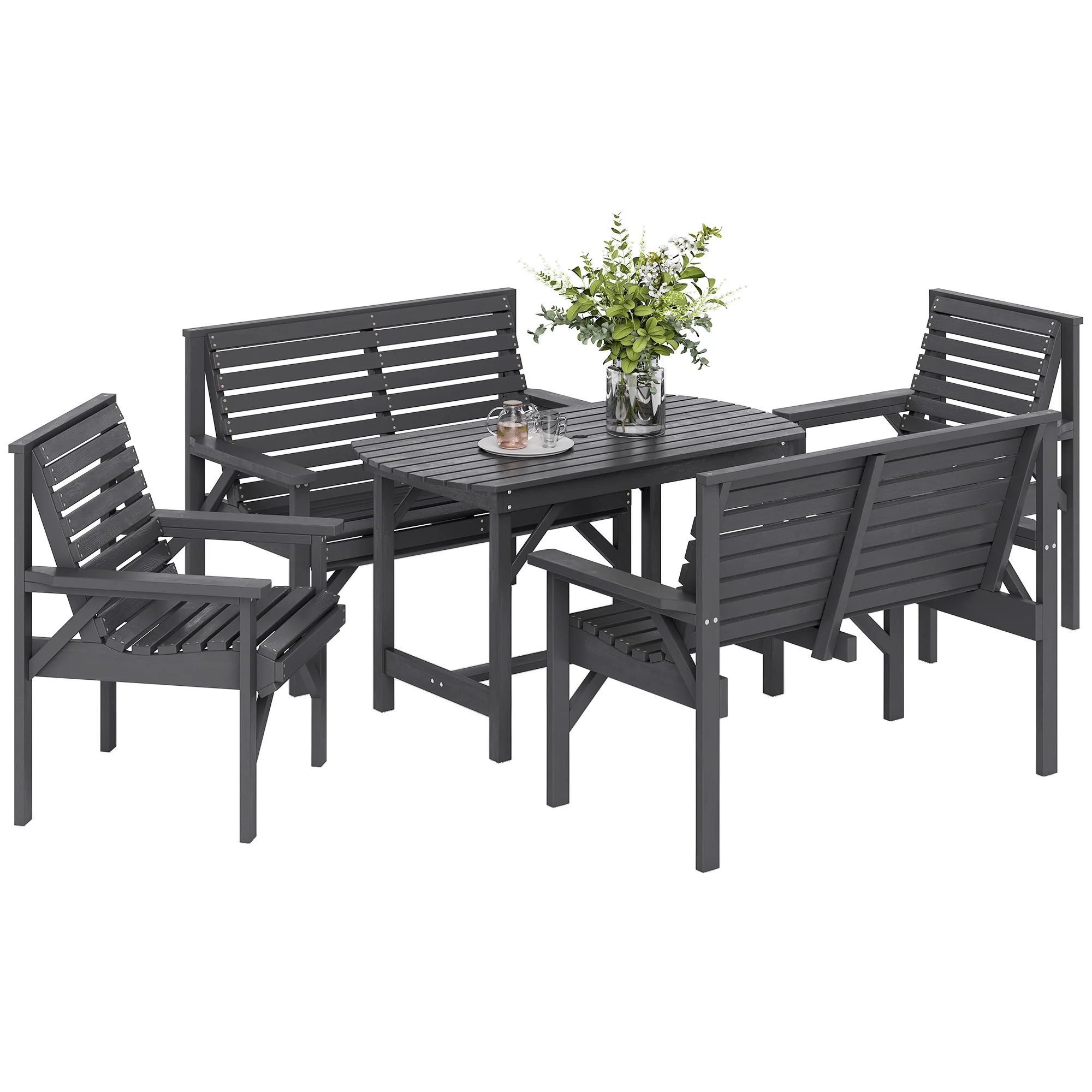 5 Piece Wooden Garden Dining Set for 6 with Umbrella Hole Table, Grey