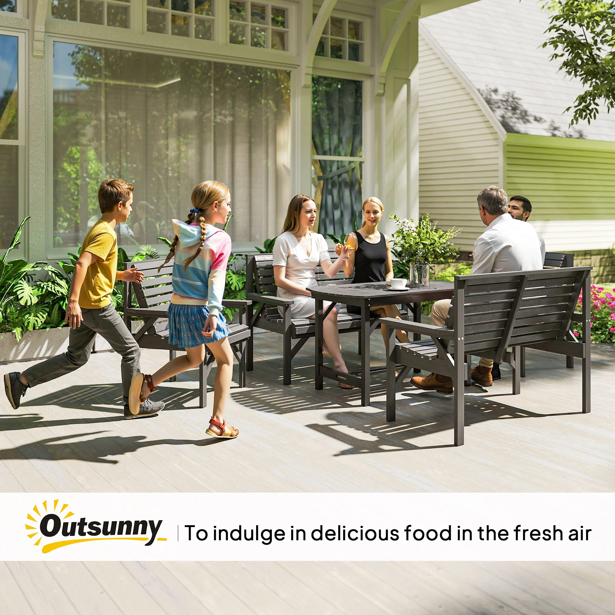 5 Piece Wooden Garden Dining Set for 6 with Umbrella Hole Table, Grey - Image 11