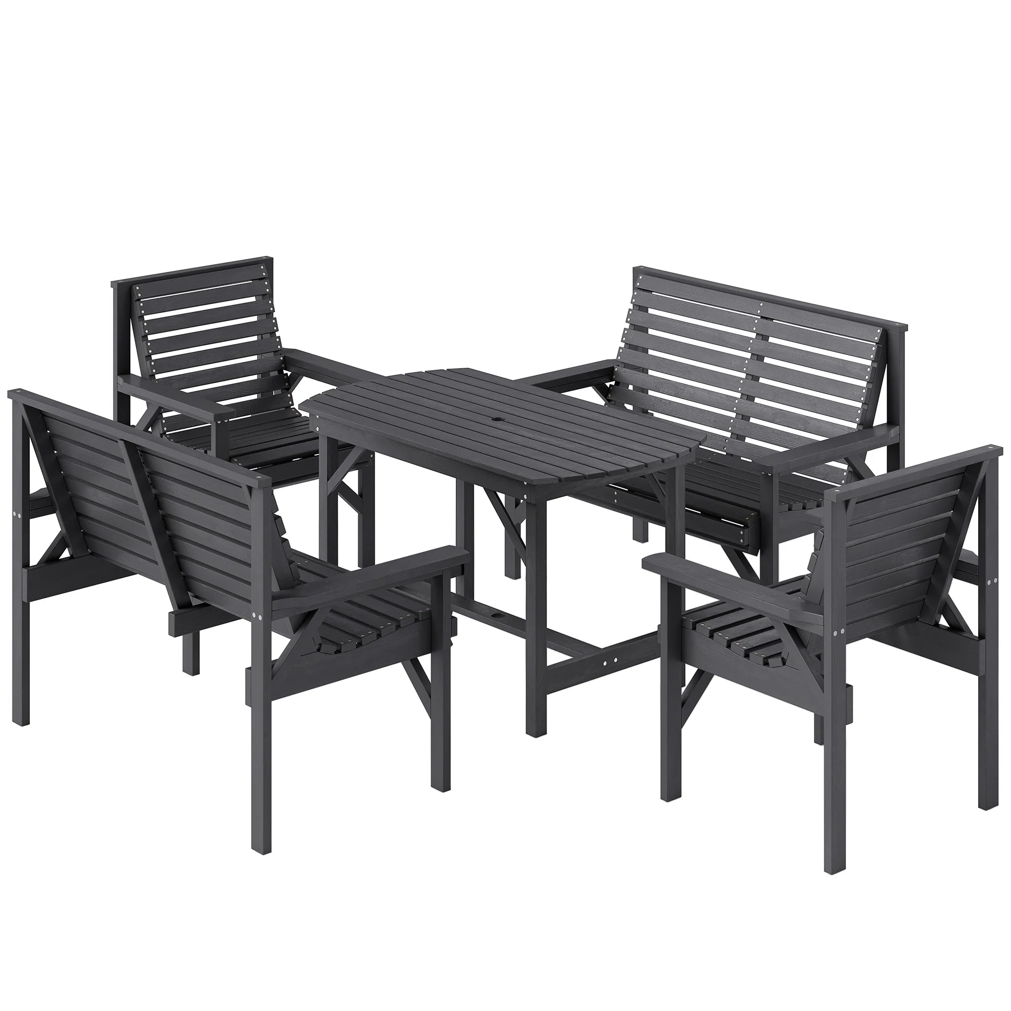 5 Piece Wooden Garden Dining Set for 6 with Umbrella Hole Table, Grey - Image 2