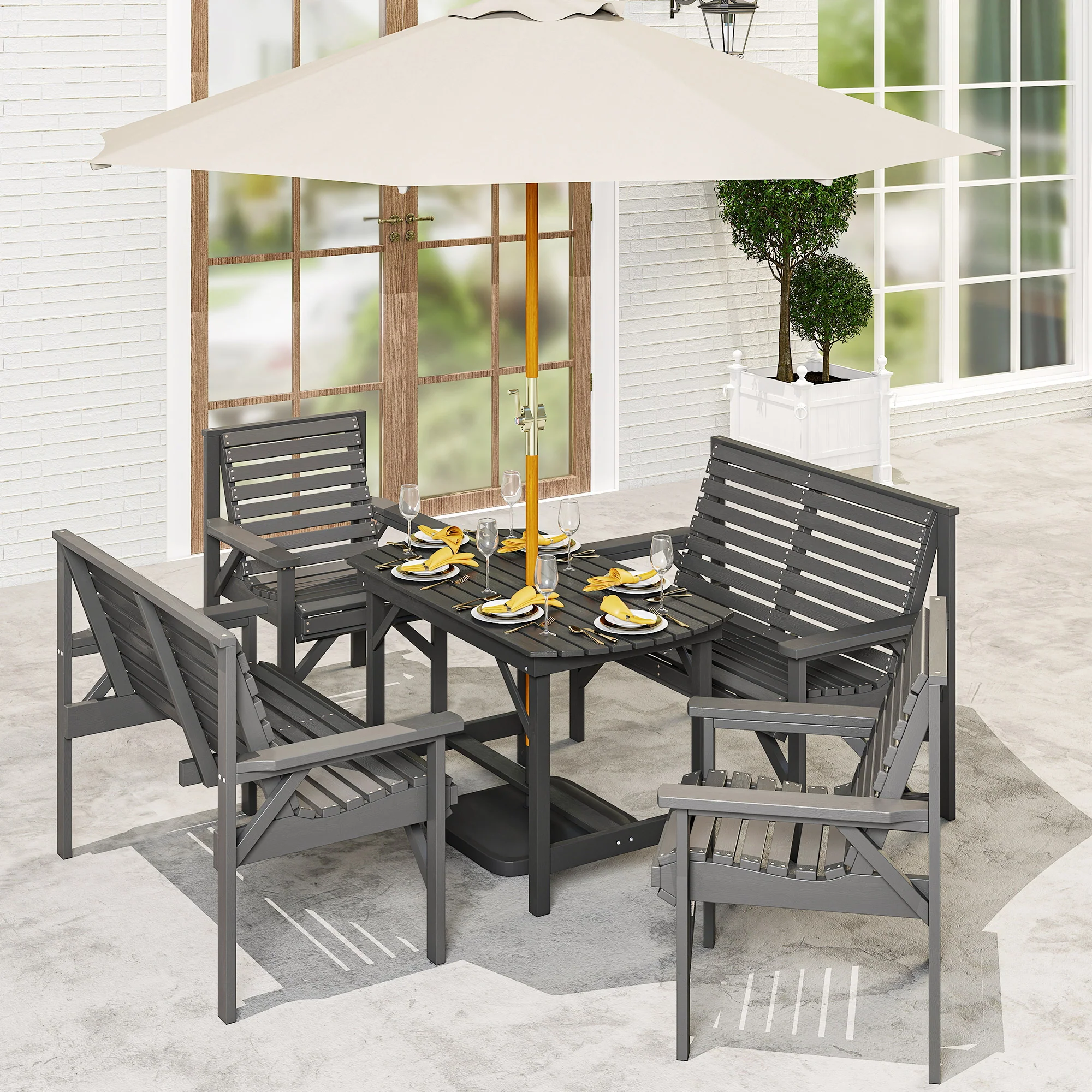 5 Piece Wooden Garden Dining Set for 6 with Umbrella Hole Table, Grey - Image 3