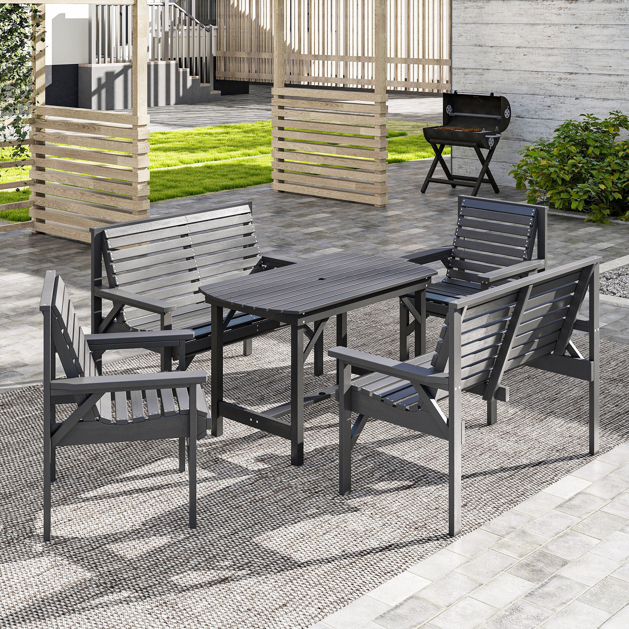 5 Piece Wooden Garden Dining Set for 6 with Umbrella Hole Table, Grey - Image 4