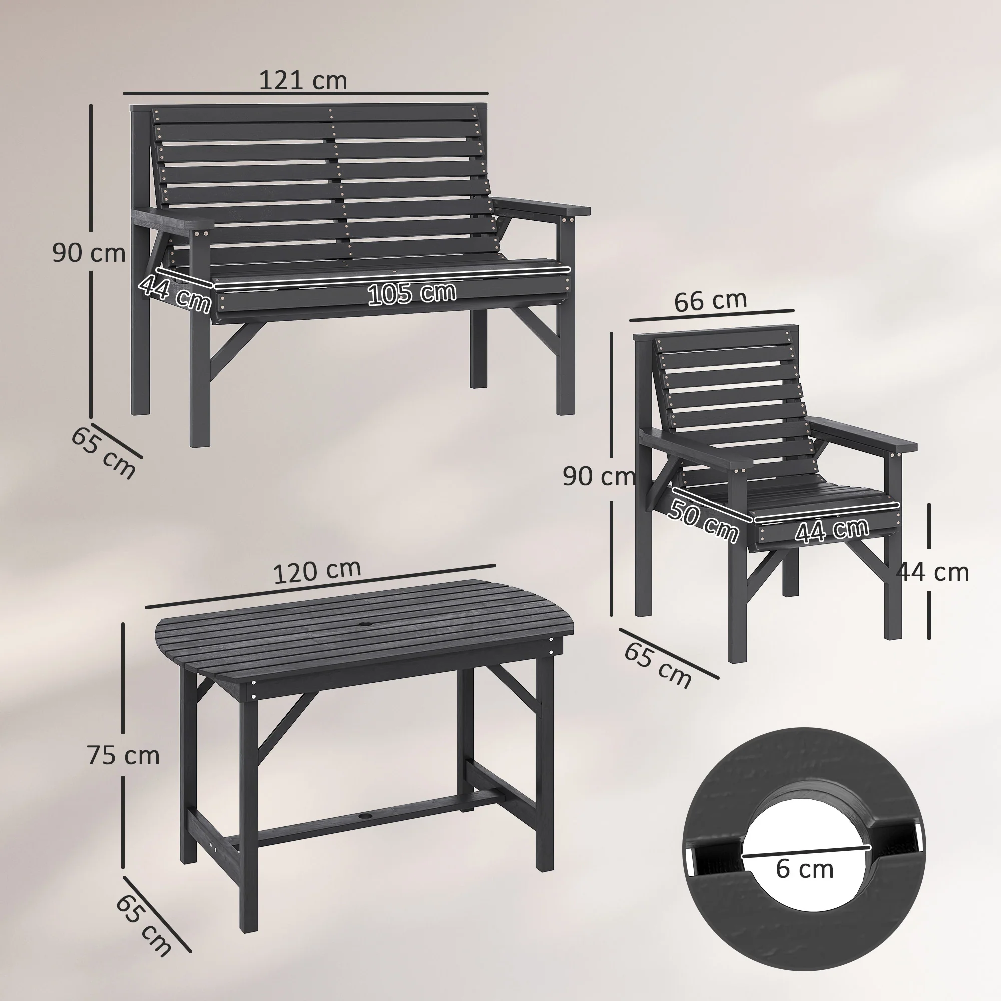 5 Piece Wooden Garden Dining Set for 6 with Umbrella Hole Table, Grey - Image 5