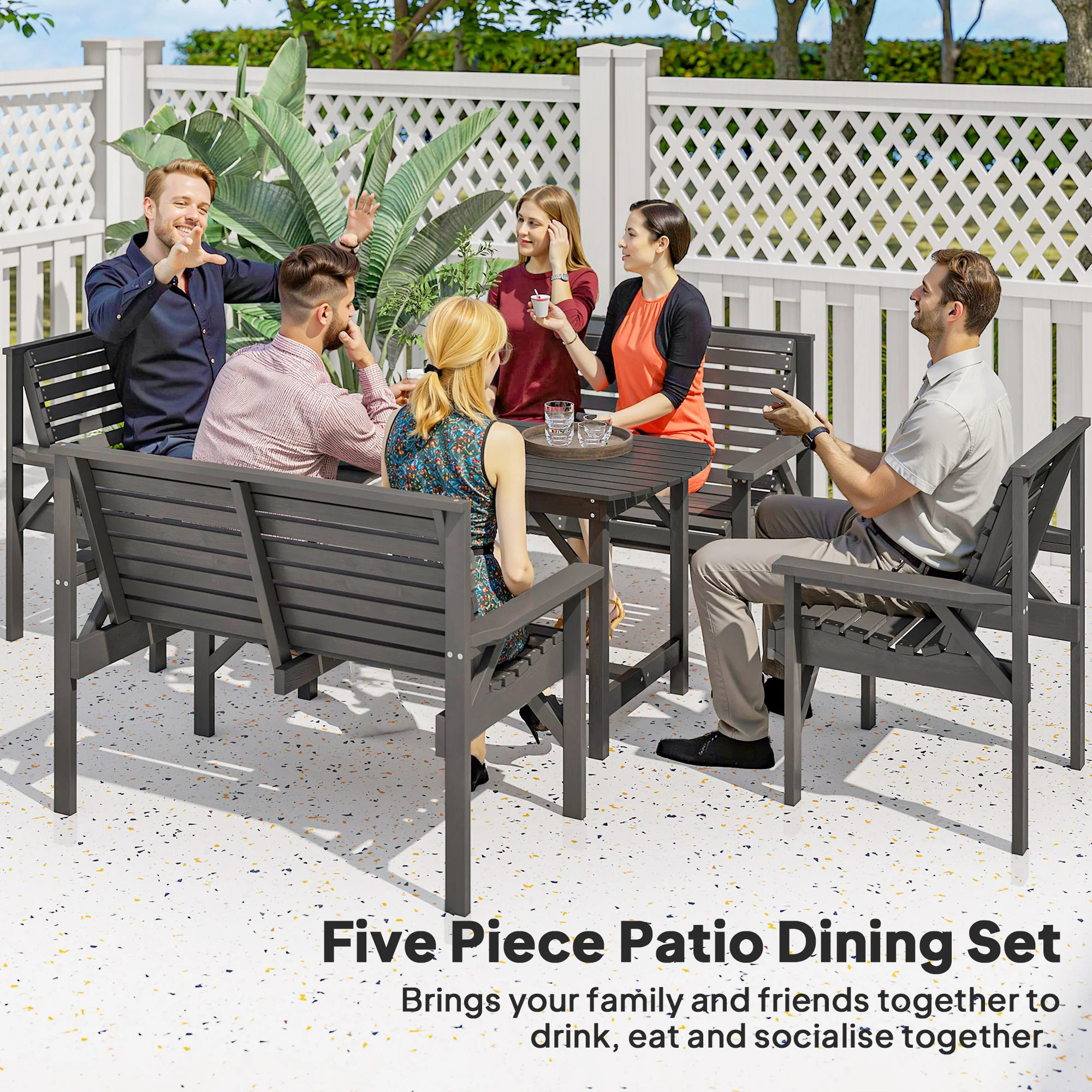 5 Piece Wooden Garden Dining Set for 6 with Umbrella Hole Table, Grey - Image 6