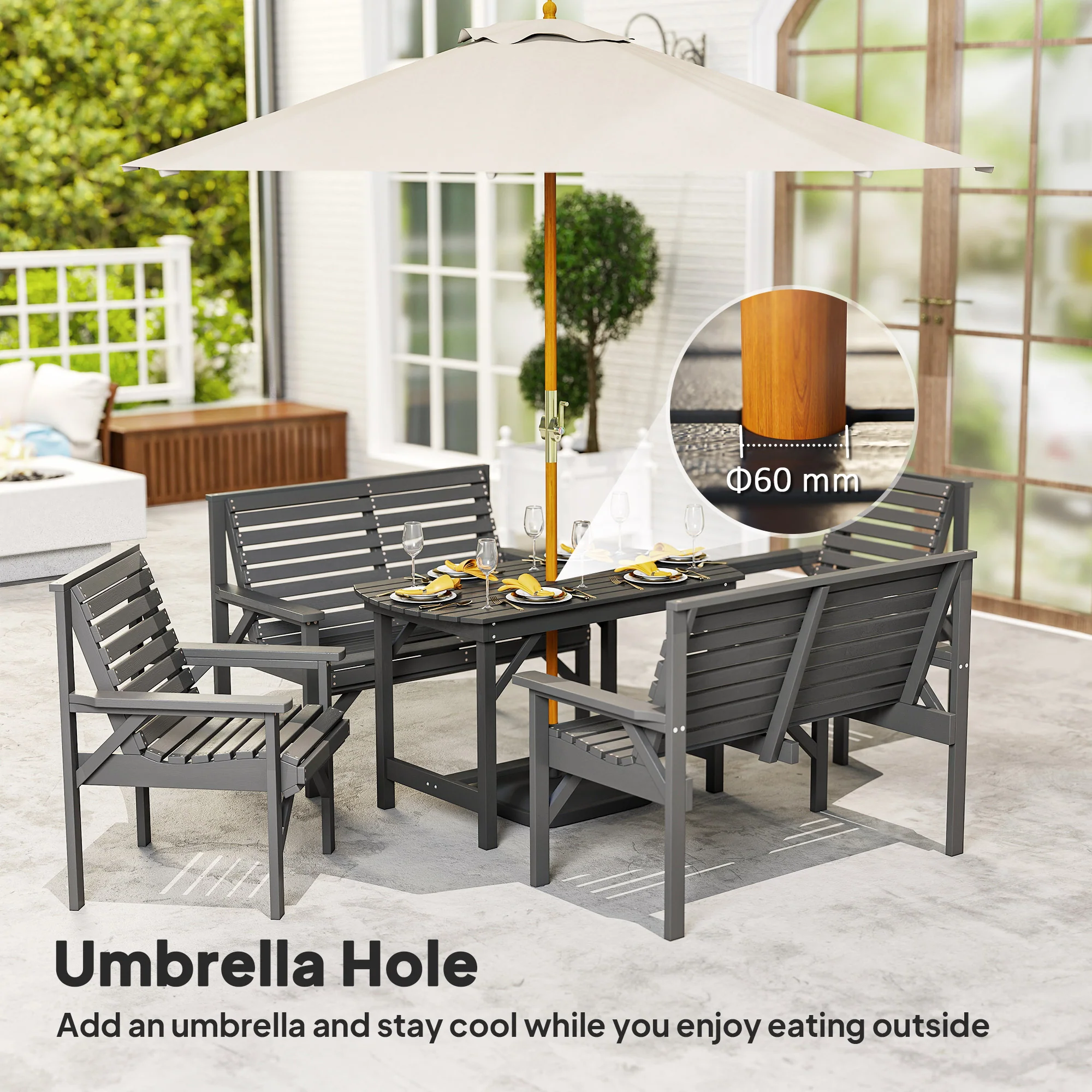 5 Piece Wooden Garden Dining Set for 6 with Umbrella Hole Table, Grey - Image 8