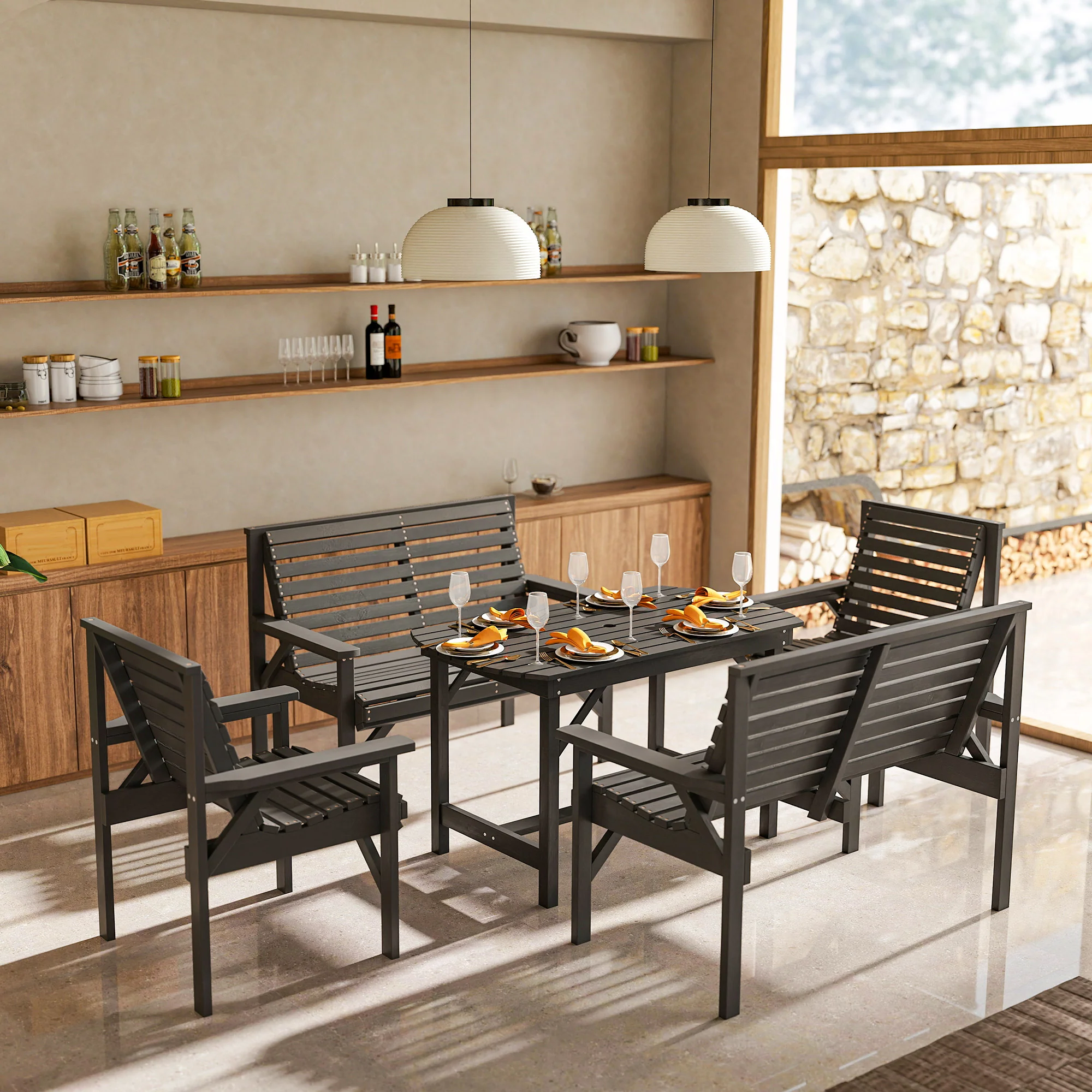 5 Piece Wooden Garden Dining Set for 6 with Umbrella Hole Table, Grey - Image 9