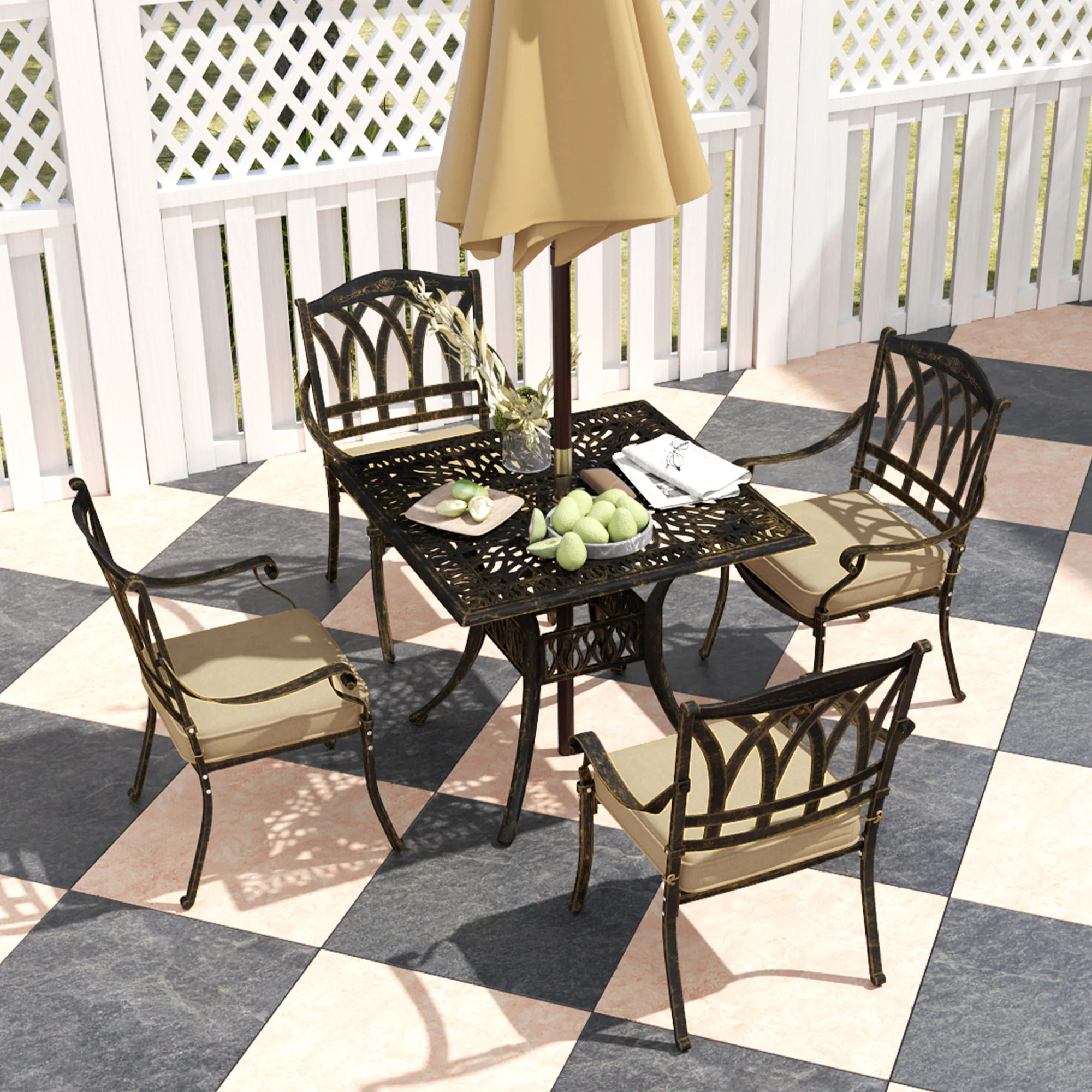 5 Pieces Cast Aluminium Garden Dining Set, 4 Seater Garden Table and Chairs with Parasol Hole, Outdoor Garden Furniture Set with Cushions for Patio, Bronze Tone - Image 11