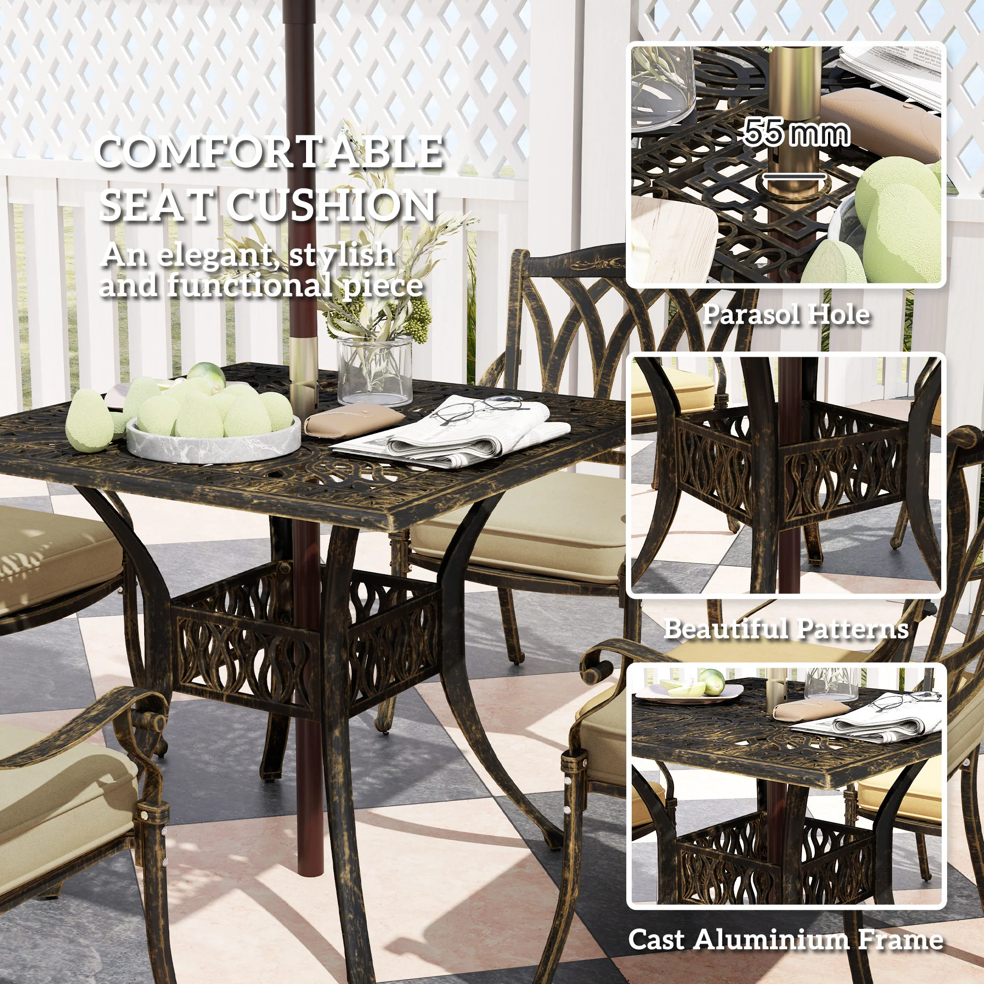 5 Pieces Cast Aluminium Garden Dining Set, 4 Seater Garden Table and Chairs with Parasol Hole, Outdoor Garden Furniture Set with Cushions for Patio, Bronze Tone - Image 8