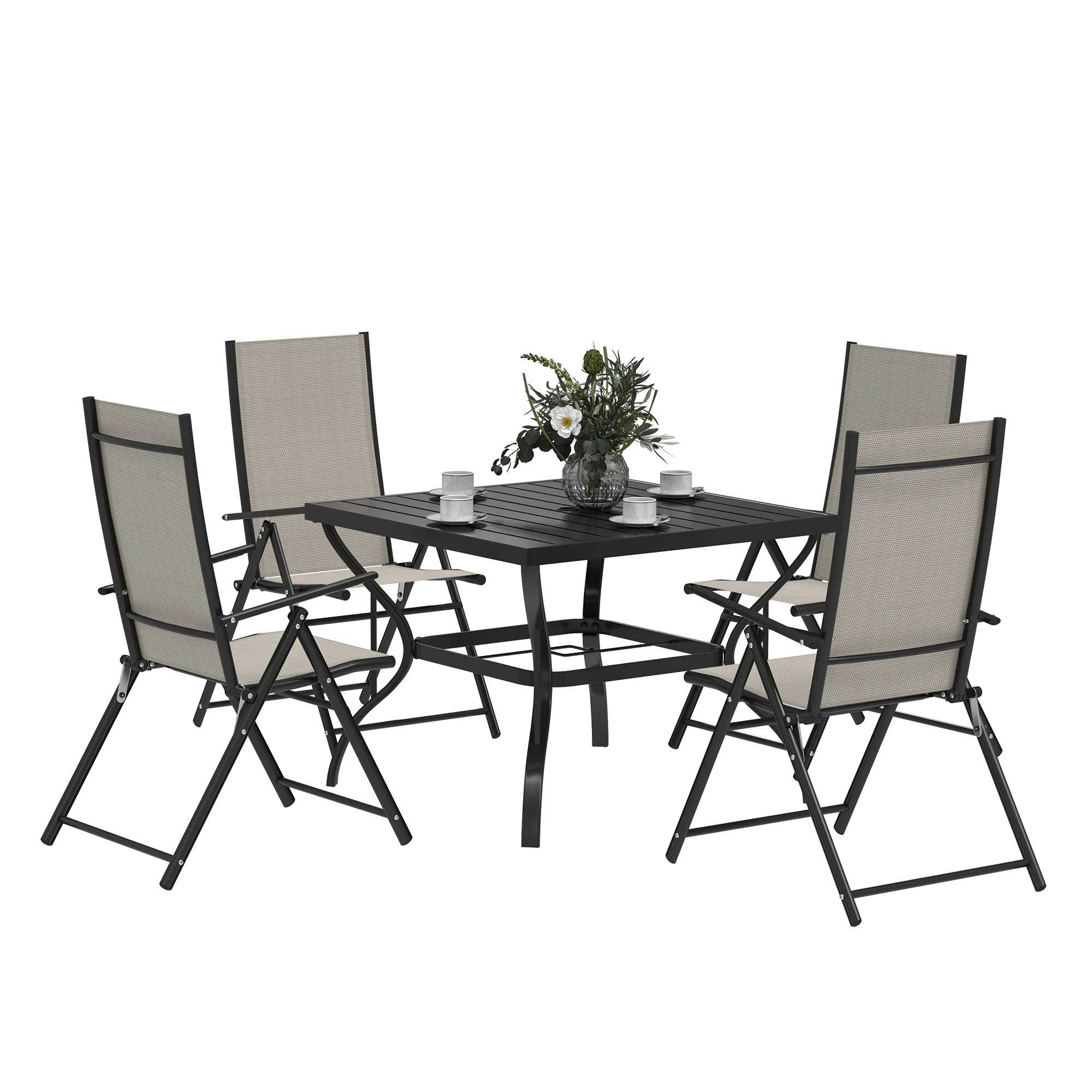 5 Pieces Garden Dining Set, 4 Seater Garden Furniture Set with Parasol Hole, Outdoor Dining Set with High Back Folding Chairs and Square Metal Top Table for Outdoor Patio, Khaki