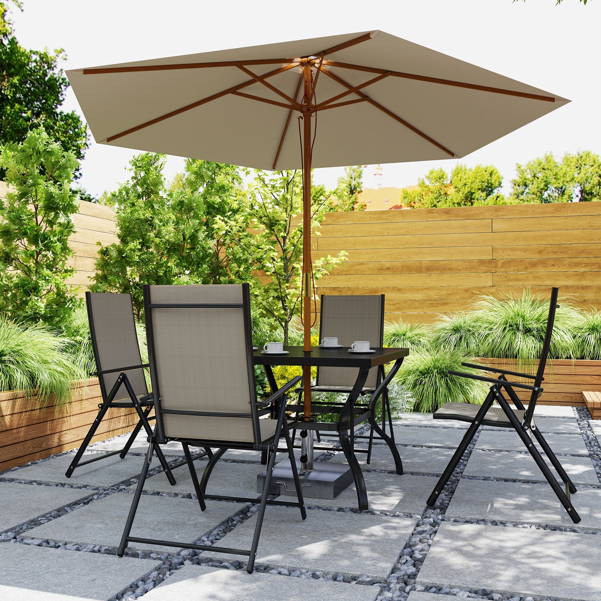 5 Pieces Garden Dining Set, 4 Seater Garden Furniture Set with Parasol Hole, Outdoor Dining Set with High Back Folding Chairs and Square Metal Top Table for Outdoor Patio, Khaki - Image 11