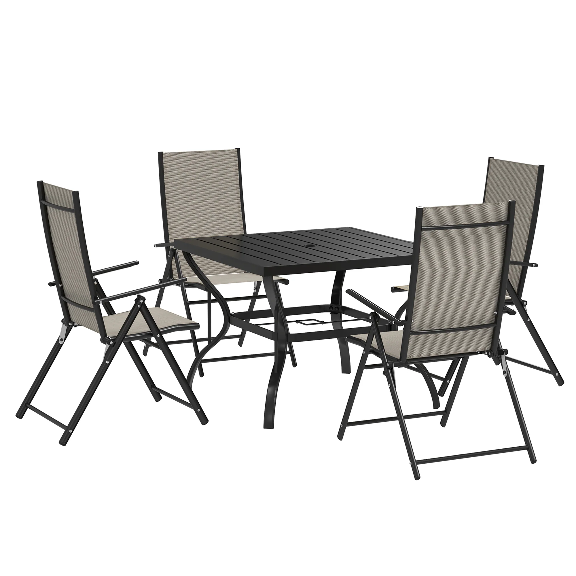 5 Pieces Garden Dining Set, 4 Seater Garden Furniture Set with Parasol Hole, Outdoor Dining Set with High Back Folding Chairs and Square Metal Top Table for Outdoor Patio, Khaki - Image 2