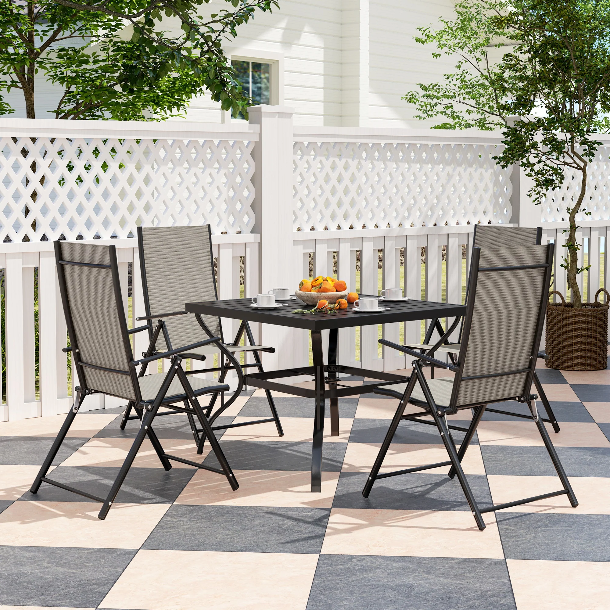 5 Pieces Garden Dining Set, 4 Seater Garden Furniture Set with Parasol Hole, Outdoor Dining Set with High Back Folding Chairs and Square Metal Top Table for Outdoor Patio, Khaki - Image 3