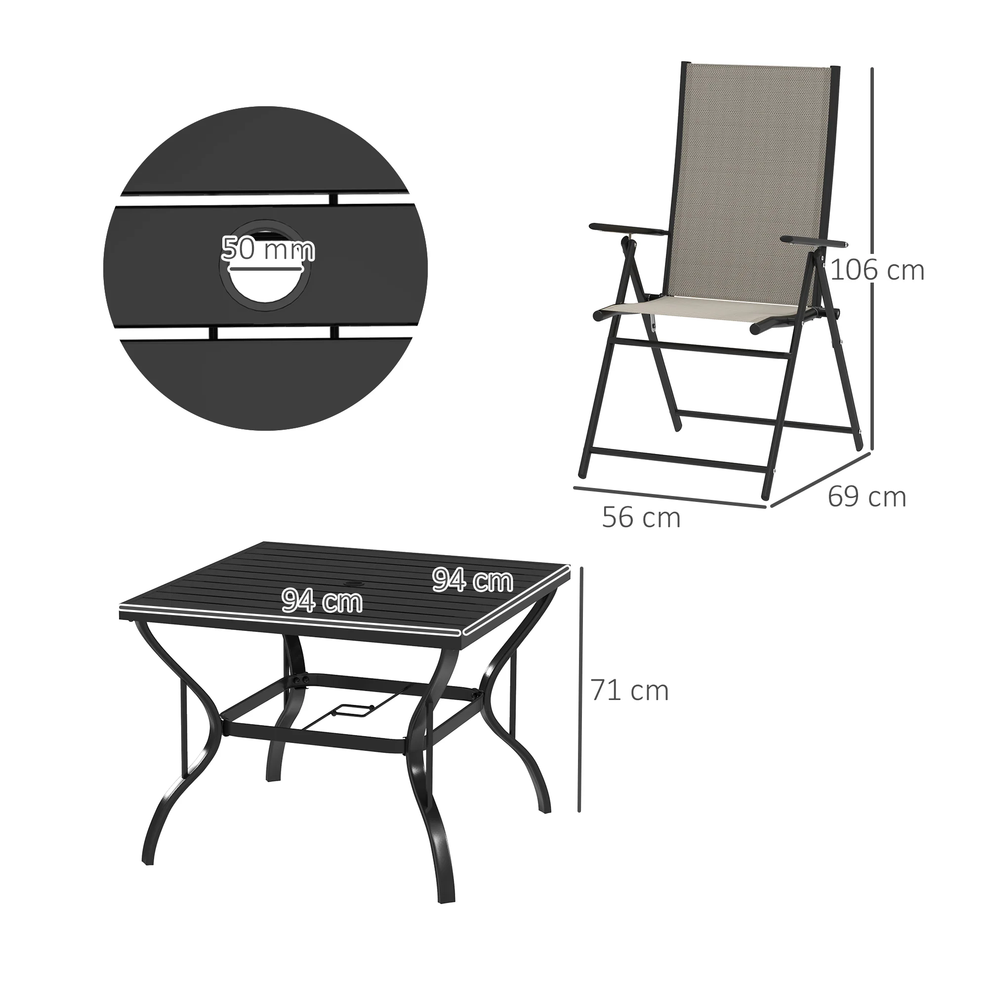 5 Pieces Garden Dining Set, 4 Seater Garden Furniture Set with Parasol Hole, Outdoor Dining Set with High Back Folding Chairs and Square Metal Top Table for Outdoor Patio, Khaki - Image 5