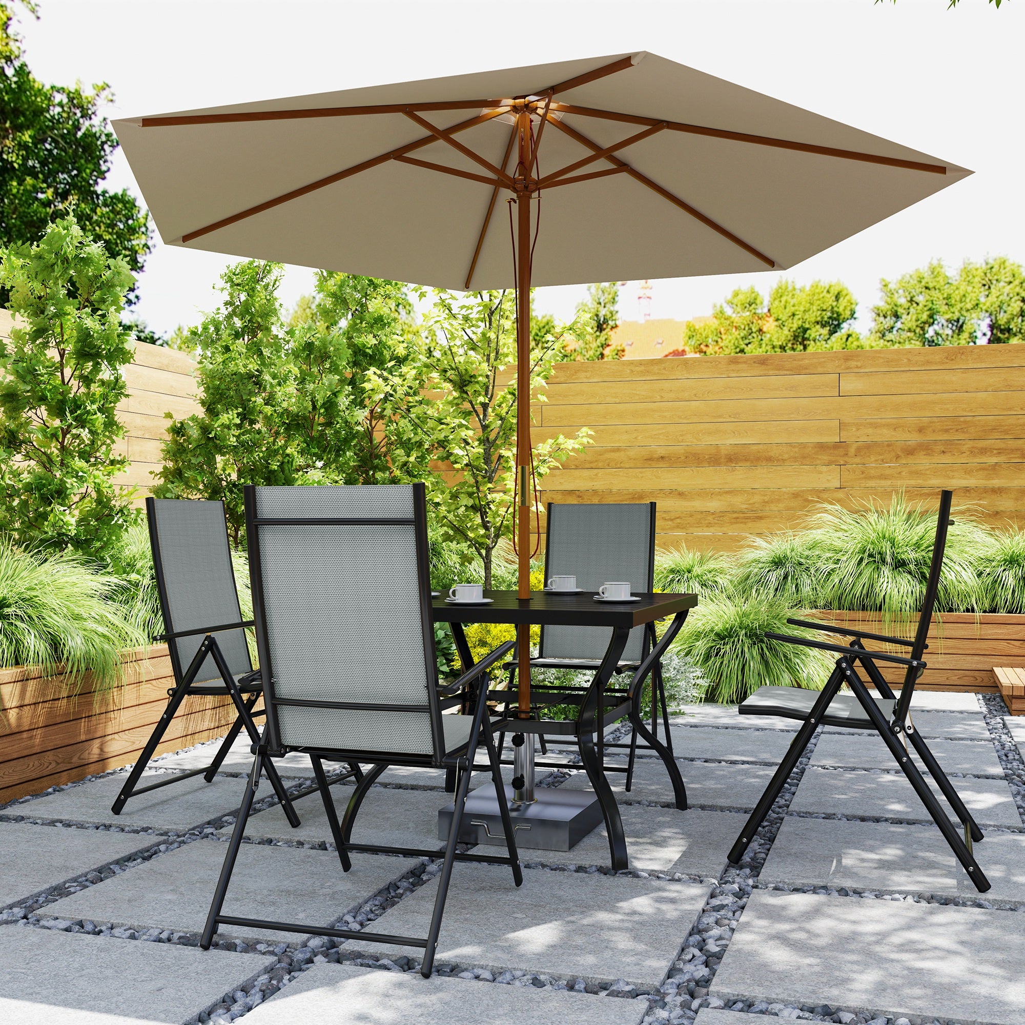 5 Pieces Garden Dining Set, 4 Seater Garden Furniture Set with Parasol Hole, Outdoor Dining Set with High Back Folding Chairs and Square Metal Top Table for Outdoor Patio, Grey - Image 11