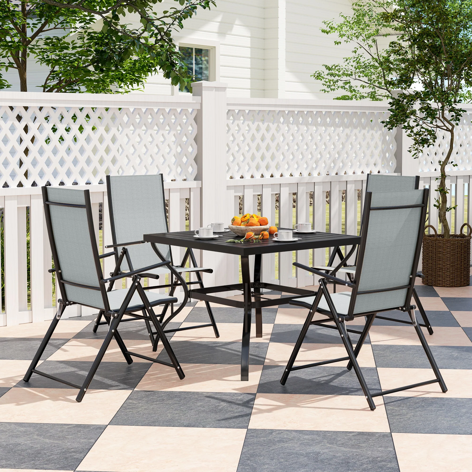 5 Pieces Garden Dining Set, 4 Seater Garden Furniture Set with Parasol Hole, Outdoor Dining Set with High Back Folding Chairs and Square Metal Top Table for Outdoor Patio, Grey - Image 3
