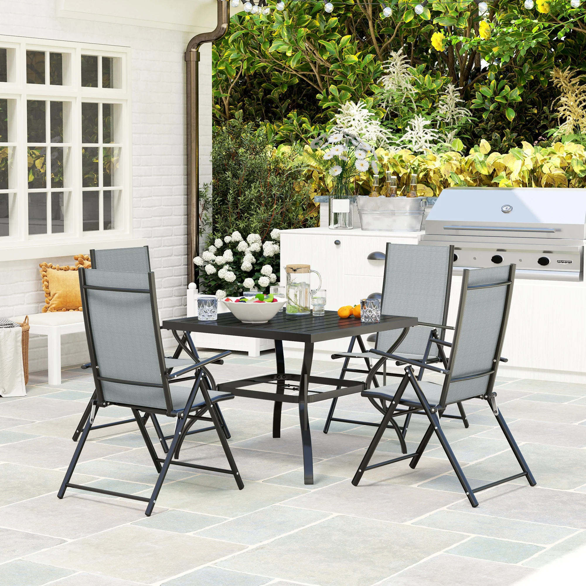 5 Pieces Garden Dining Set, 4 Seater Garden Furniture Set with Parasol Hole, Outdoor Dining Set with High Back Folding Chairs and Square Metal Top Table for Outdoor Patio, Grey - Image 4