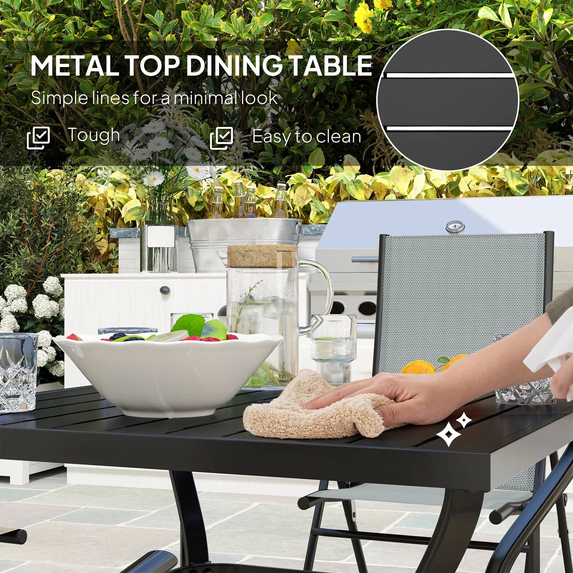 5 Pieces Garden Dining Set, 4 Seater Garden Furniture Set with Parasol Hole, Outdoor Dining Set with High Back Folding Chairs and Square Metal Top Table for Outdoor Patio, Grey - Image 7