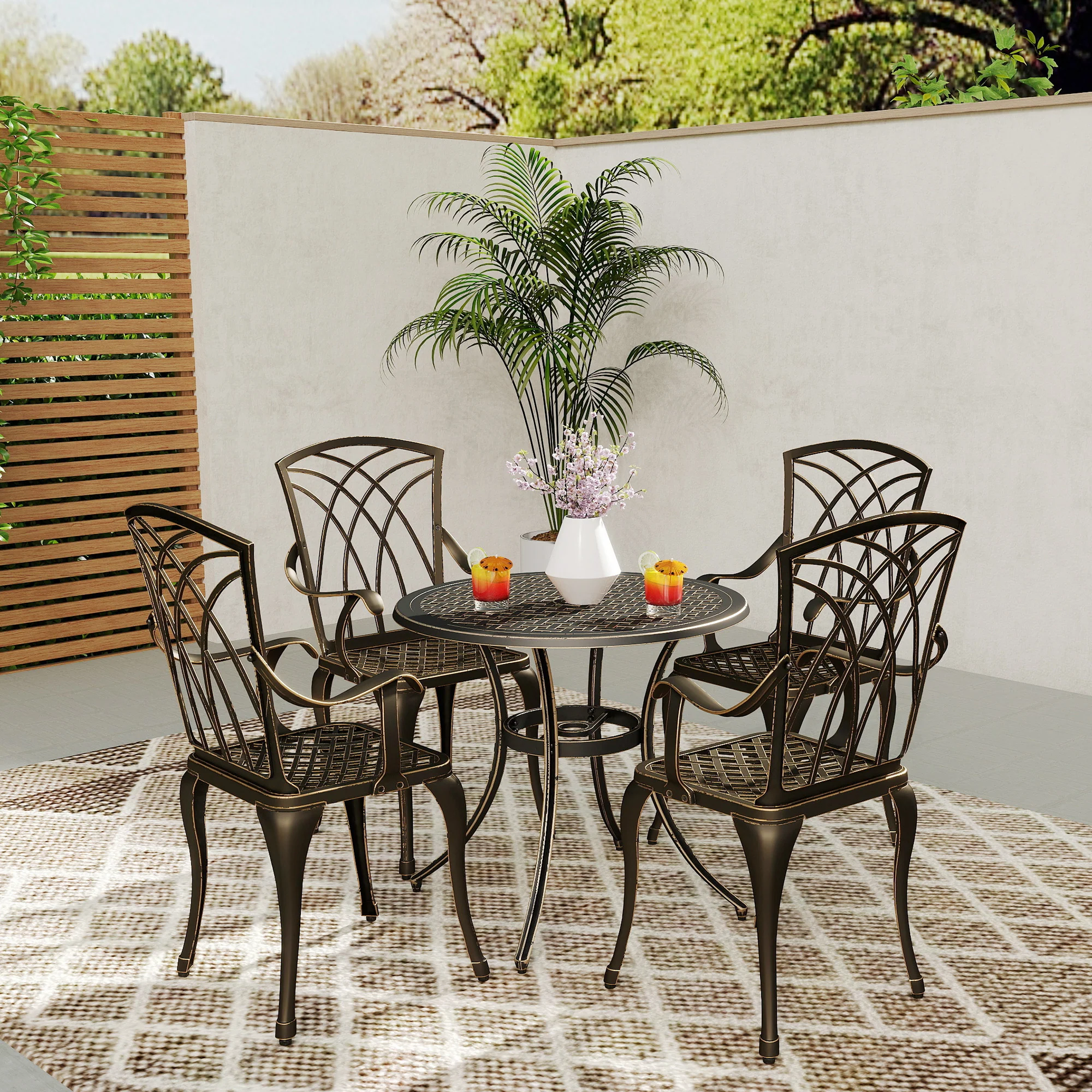5 Piece Cast Aluminium Garden Dining Set with Parasol Hole, Bronze Tone - Image 10