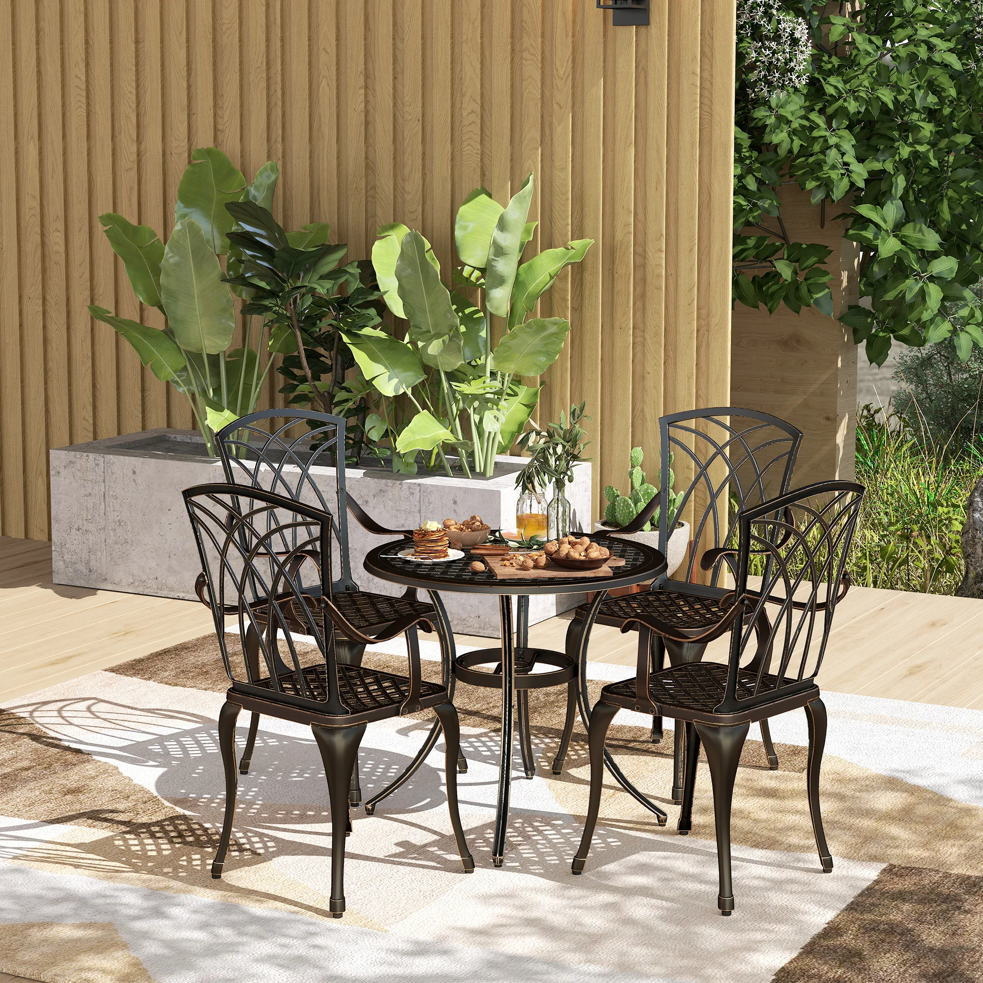 5 Piece Cast Aluminium Garden Dining Set with Parasol Hole, Bronze Tone - Image 3