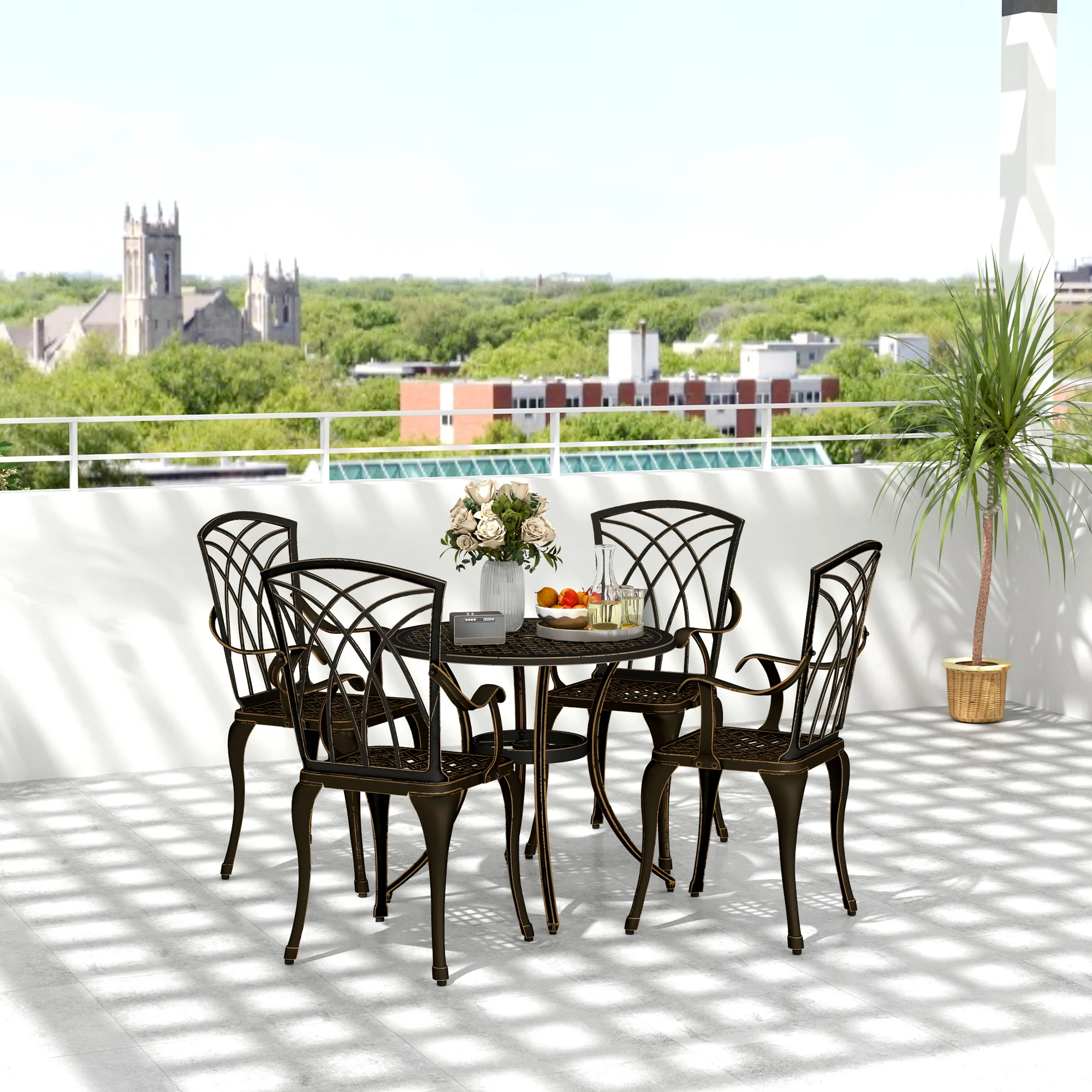 5 Piece Cast Aluminium Garden Dining Set with Parasol Hole, Bronze Tone - Image 4