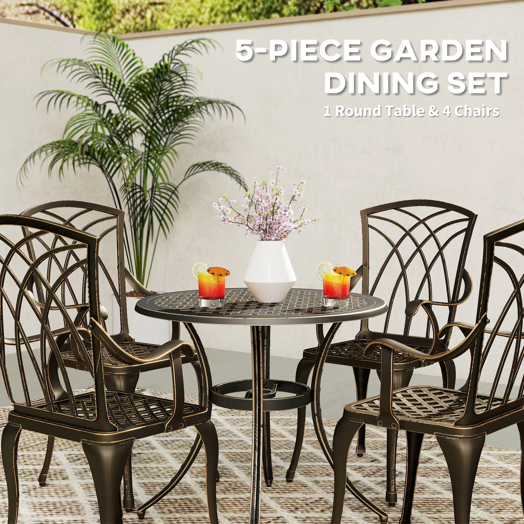 5 Piece Cast Aluminium Garden Dining Set with Parasol Hole, Bronze Tone - Image 6