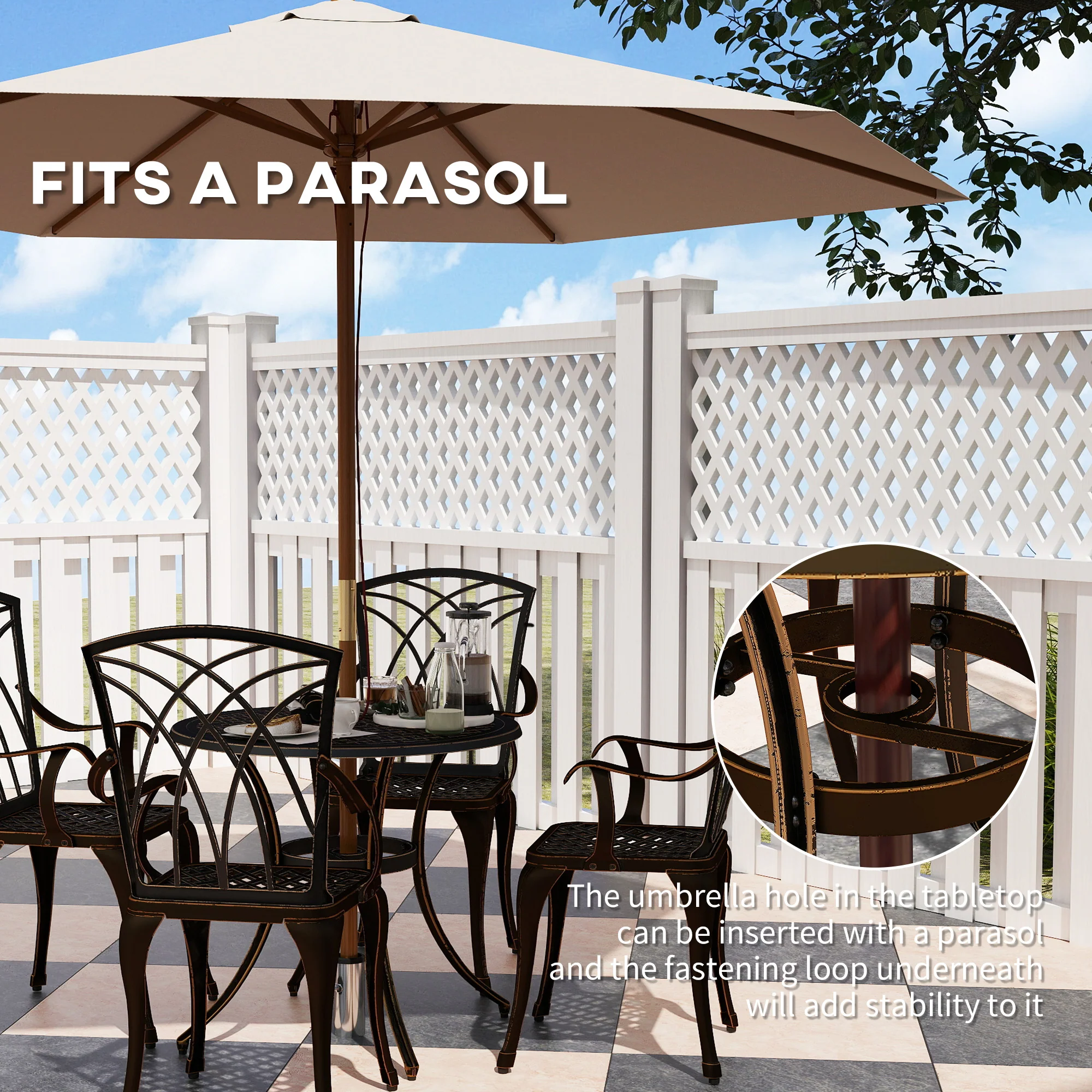 5 Piece Cast Aluminium Garden Dining Set with Parasol Hole, Bronze Tone - Image 7
