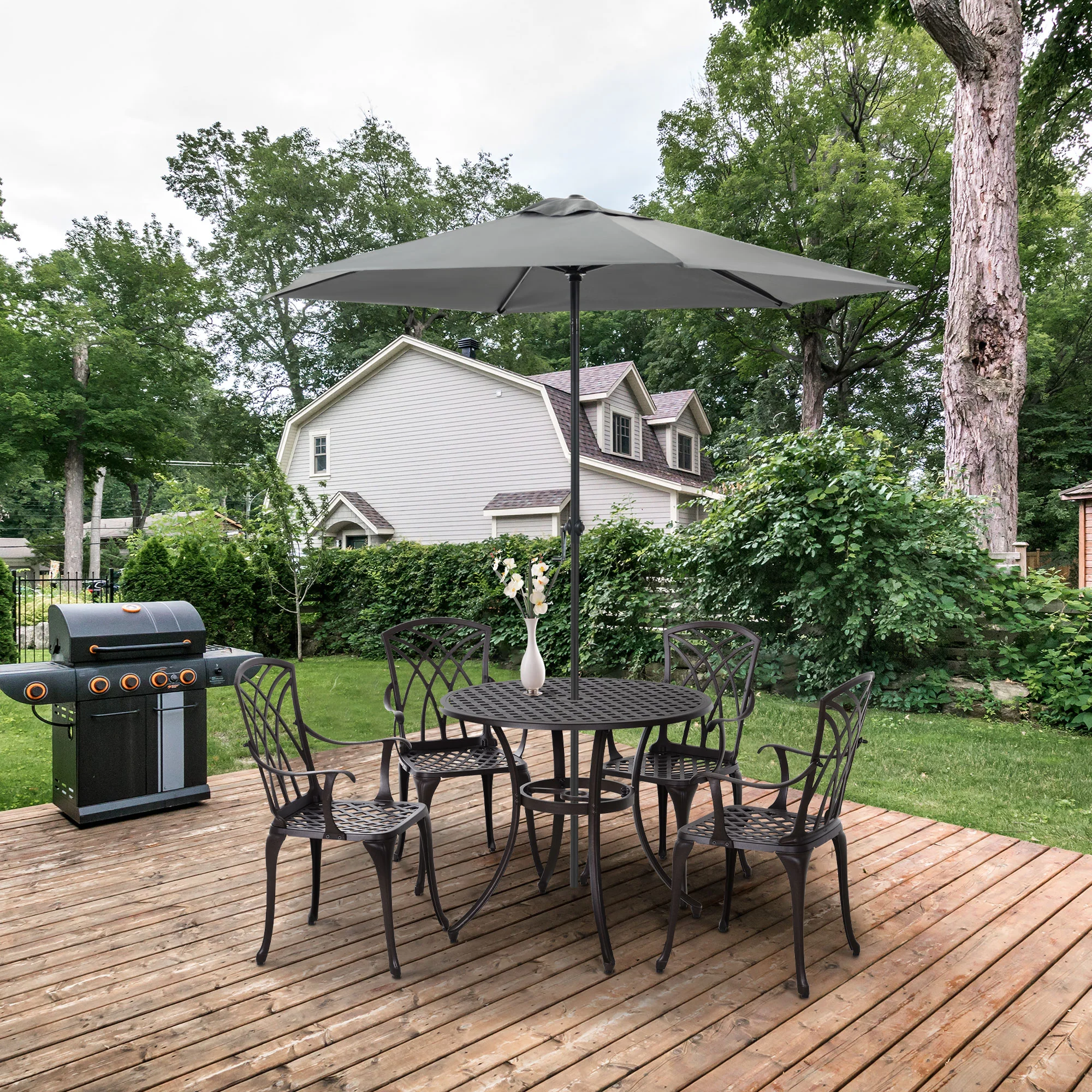 5 Piece Cast Aluminium Garden Dining Set with Parasol Hole, Brown - Image 3