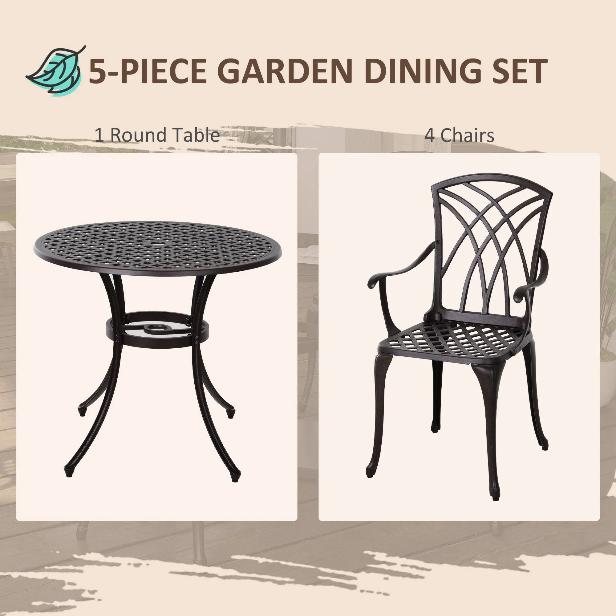 5 Piece Cast Aluminium Garden Dining Set with Parasol Hole, Brown - Image 6
