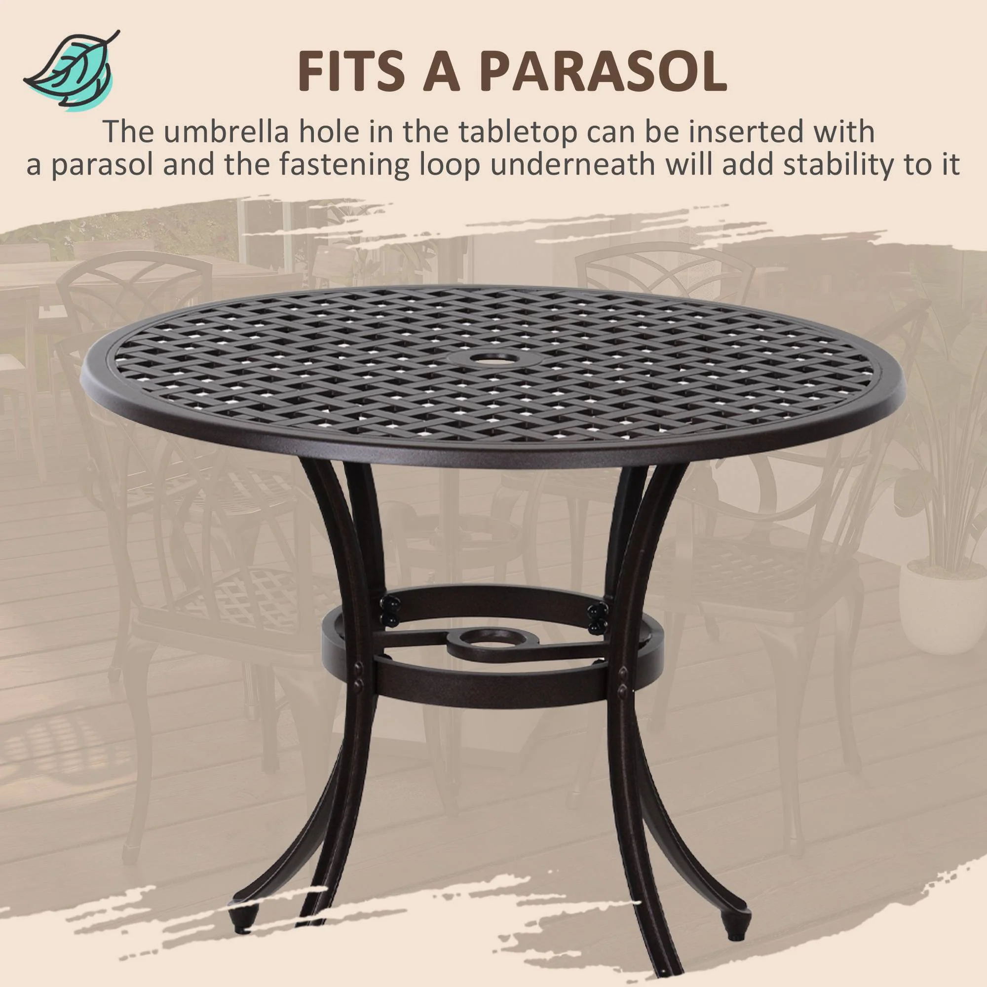 5 Piece Cast Aluminium Garden Dining Set with Parasol Hole, Brown - Image 7