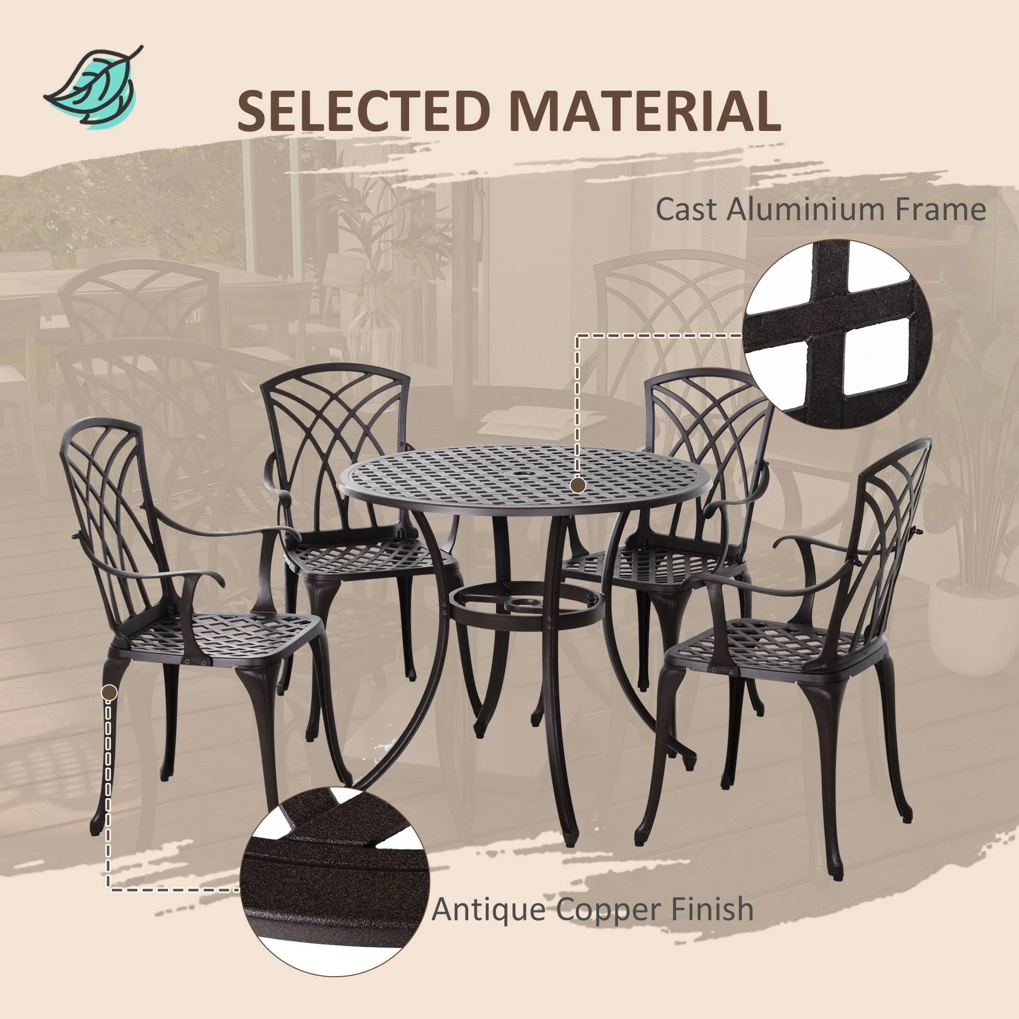 5 Piece Cast Aluminium Garden Dining Set with Parasol Hole, Brown - Image 9