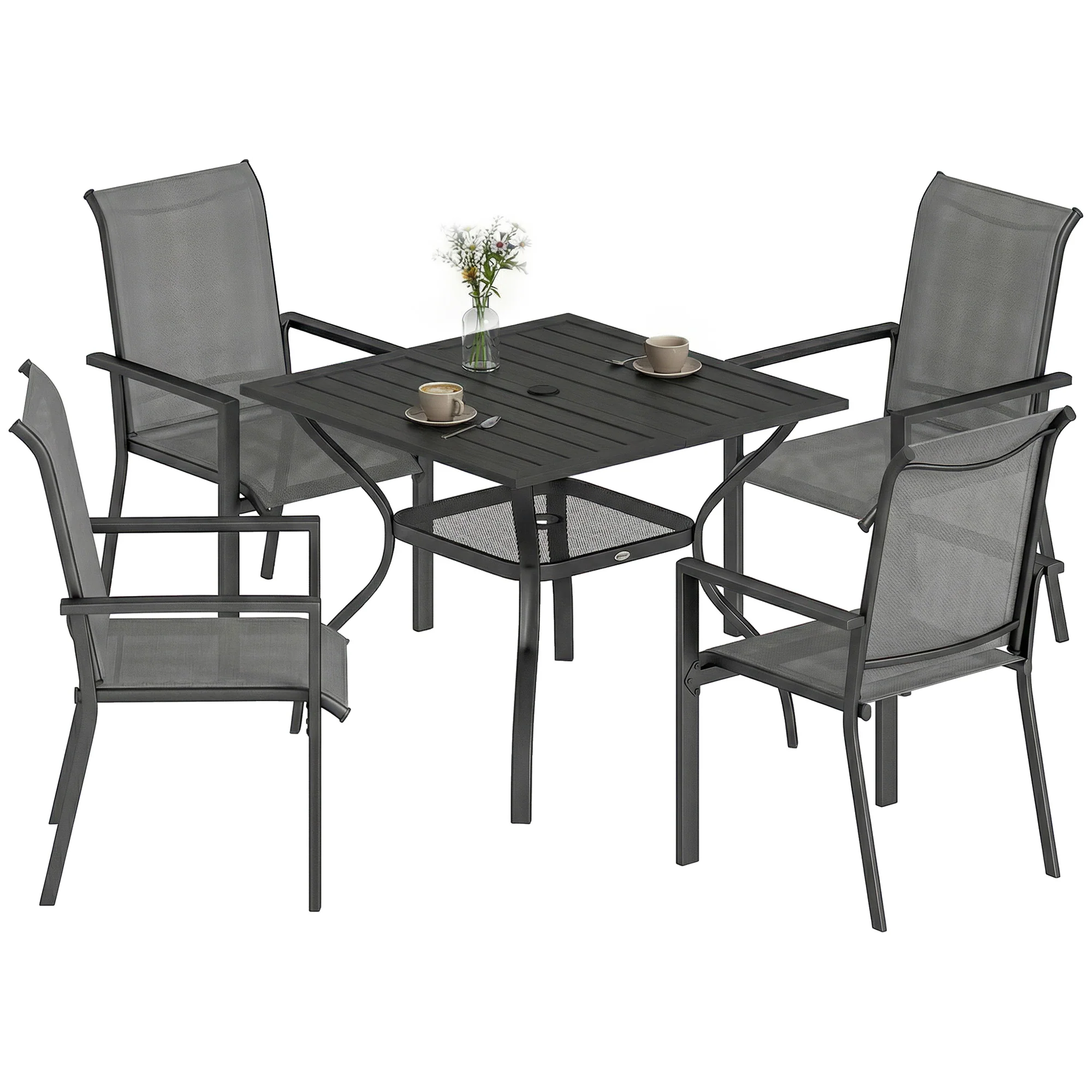 5 Piece Garden Dining Set with Stackable Chairs and Parasol Hole, Dark Grey