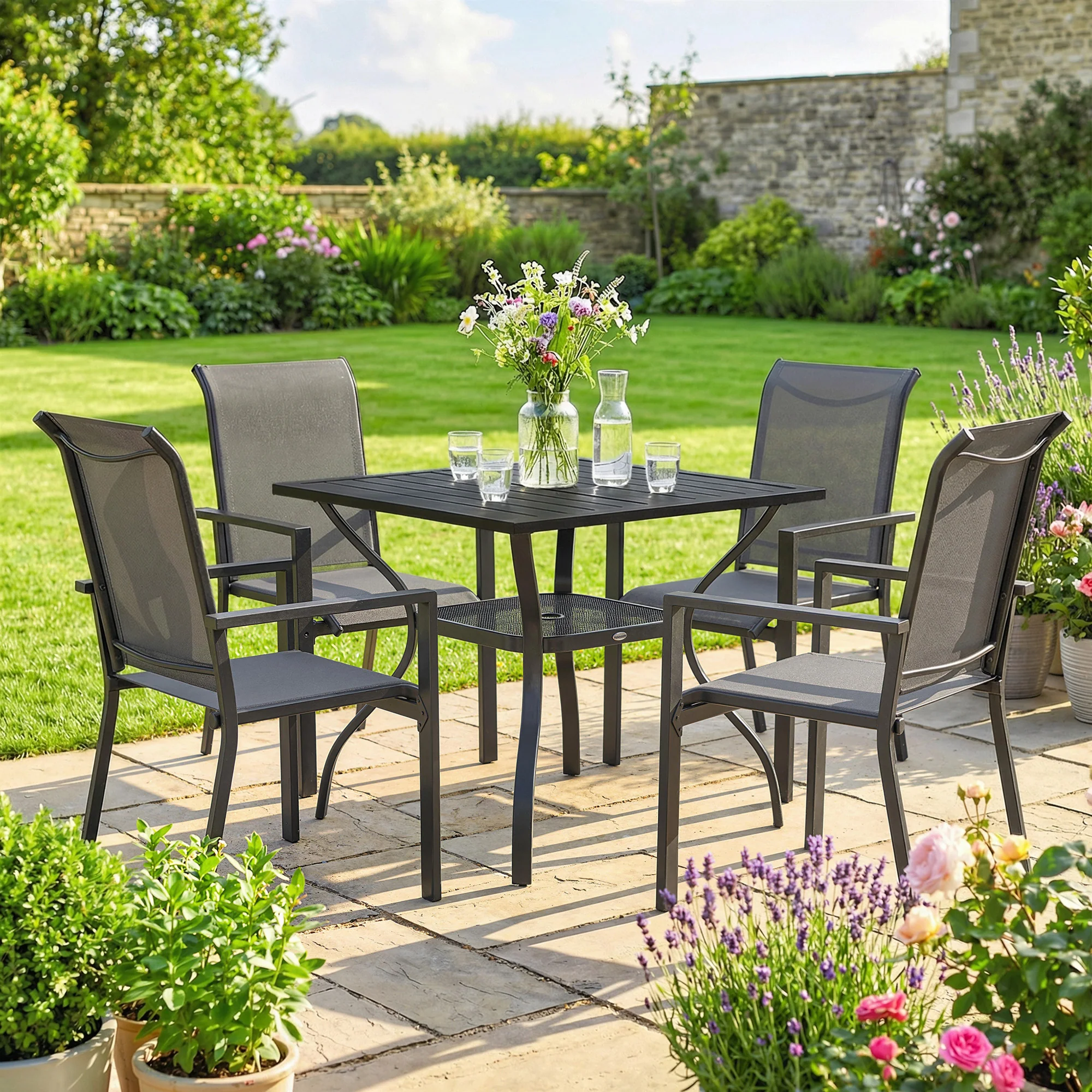 5 Piece Garden Dining Set with Stackable Chairs and Parasol Hole, Dark Grey - Image 10