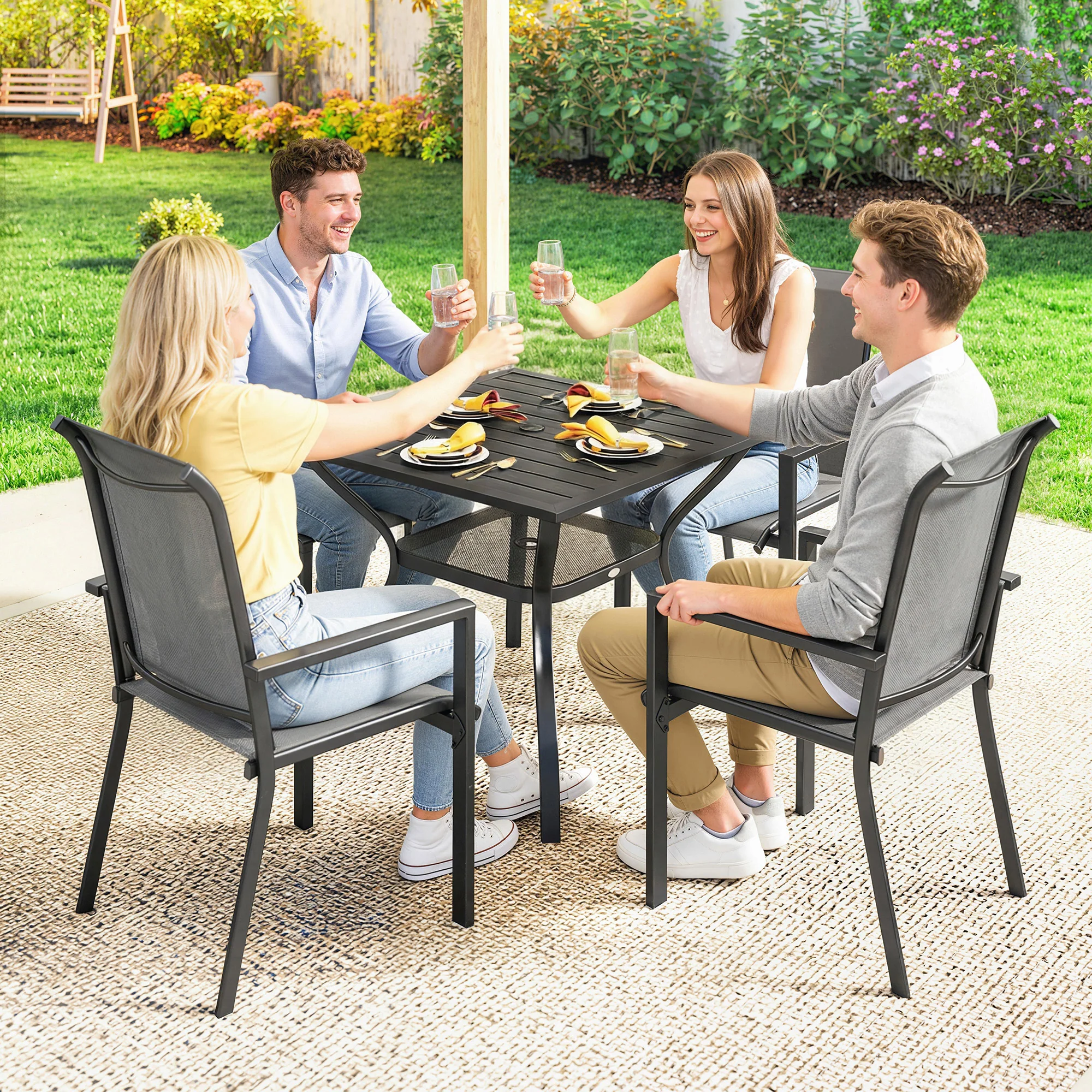 5 Piece Garden Dining Set with Stackable Chairs and Parasol Hole, Dark Grey - Image 11
