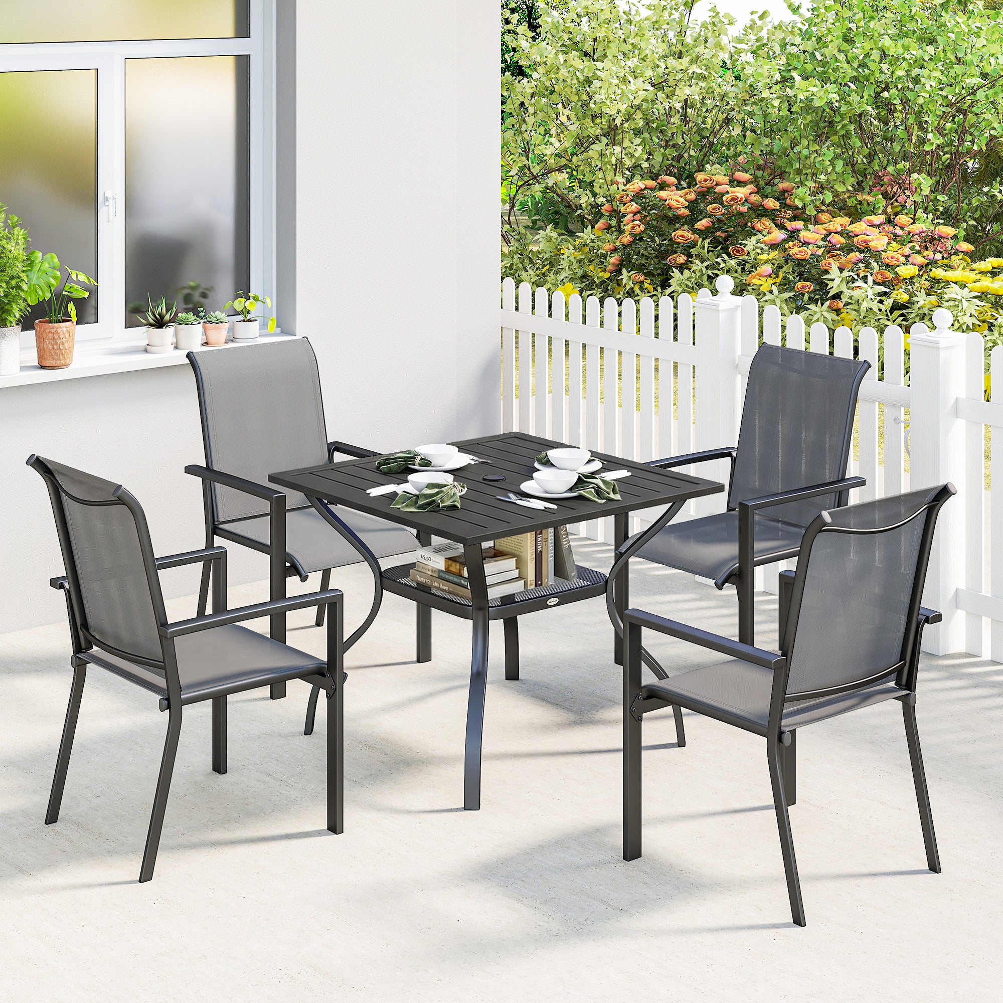 5 Piece Garden Dining Set with Stackable Chairs and Parasol Hole, Dark Grey - Image 3
