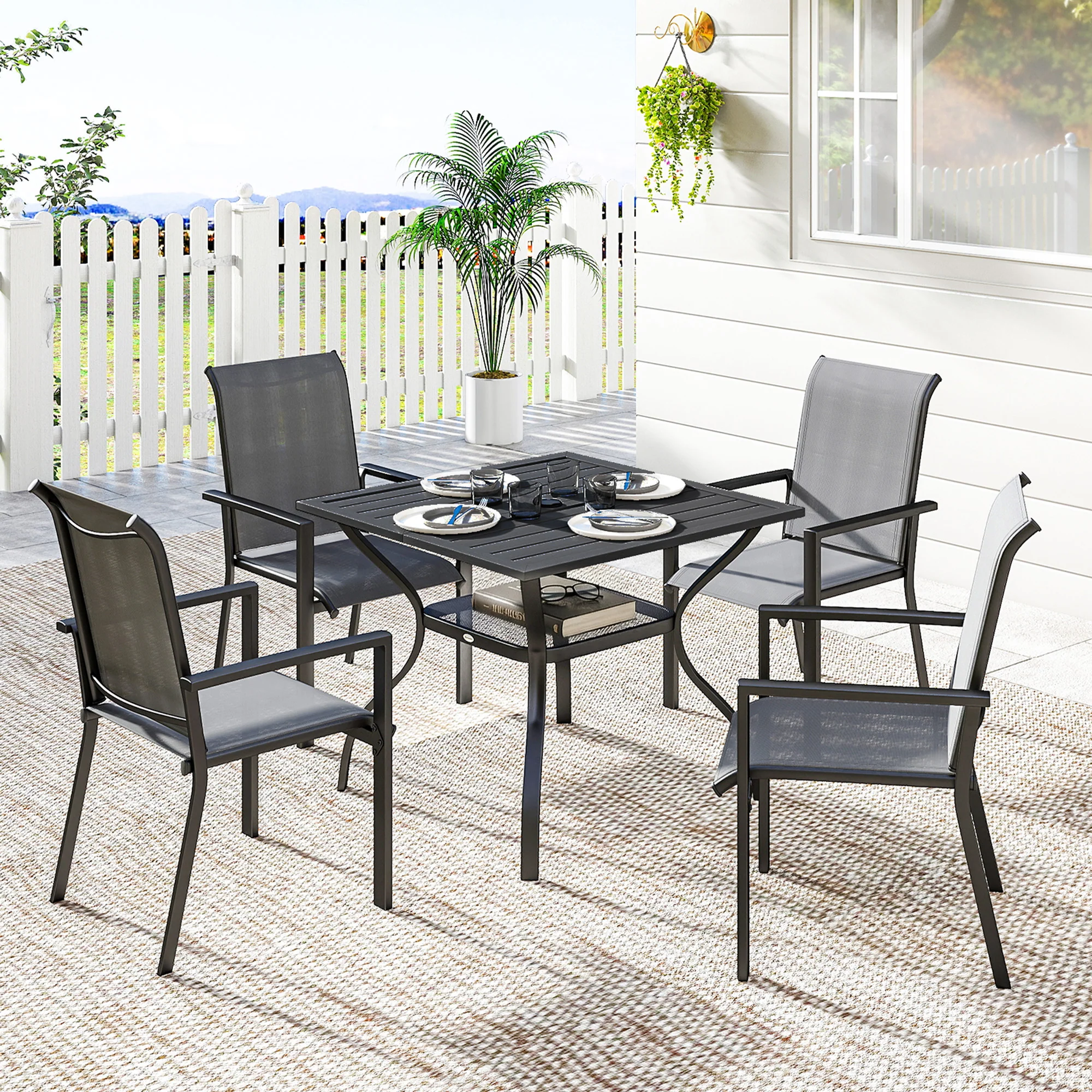 5 Piece Garden Dining Set with Stackable Chairs and Parasol Hole, Dark Grey - Image 4