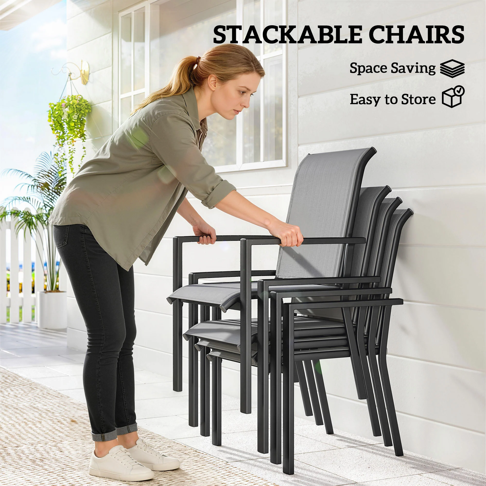 5 Piece Garden Dining Set with Stackable Chairs and Parasol Hole, Dark Grey - Image 8