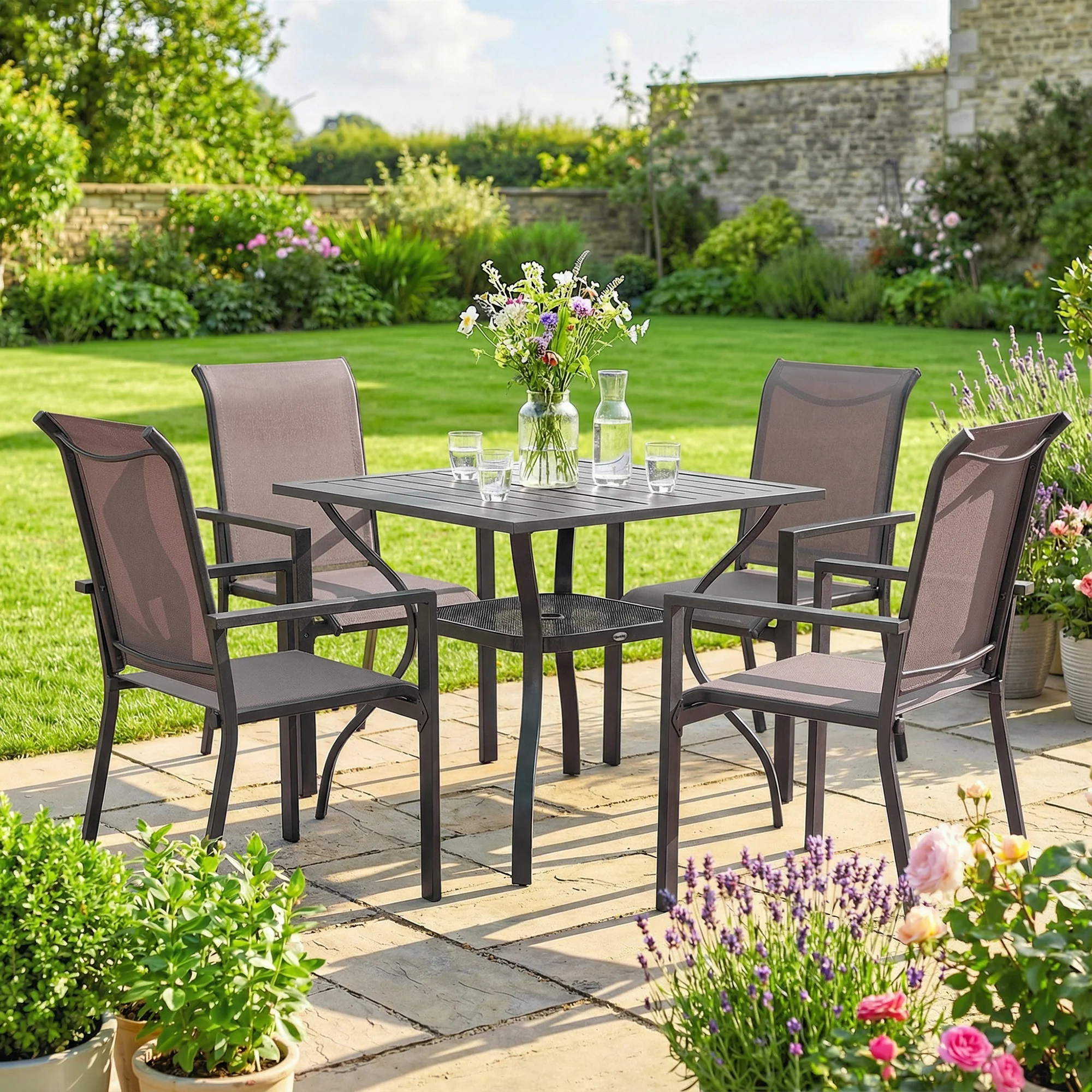 5 Piece Garden Dining Set with Stackable Chairs and Parasol Hole, Grey/Khaki - Image 10