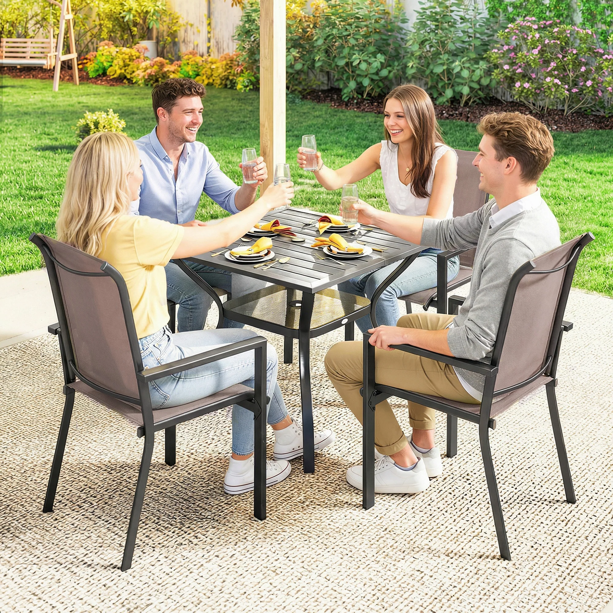 5 Piece Garden Dining Set with Stackable Chairs and Parasol Hole, Grey/Khaki - Image 11
