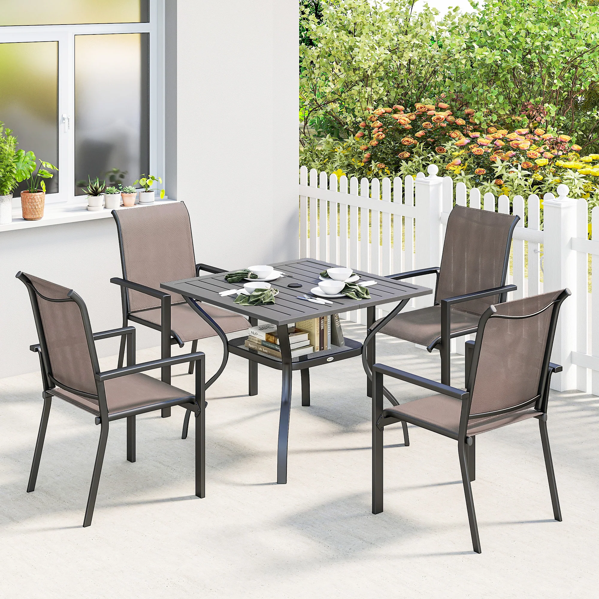 5 Piece Garden Dining Set with Stackable Chairs and Parasol Hole, Grey/Khaki - Image 3