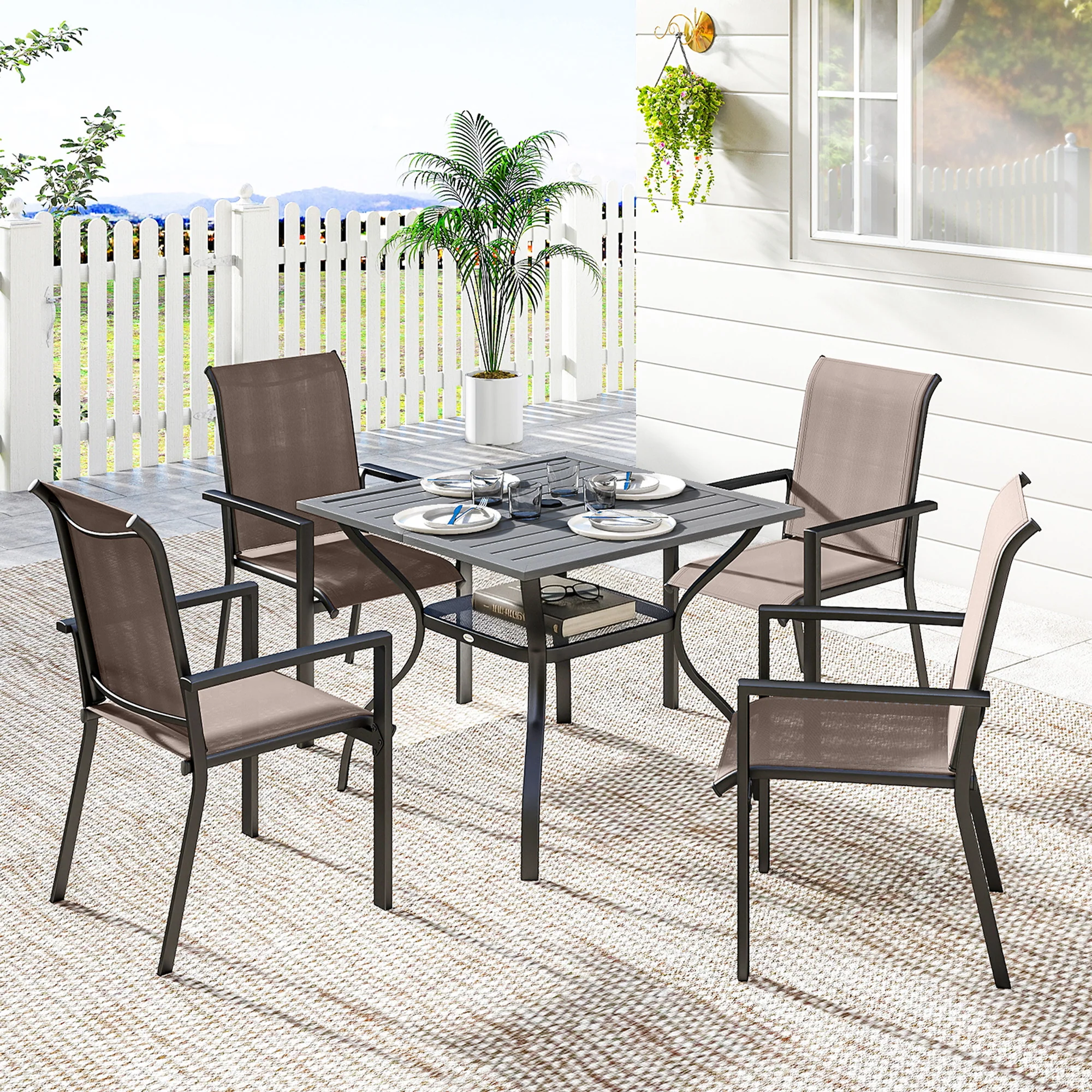 5 Piece Garden Dining Set with Stackable Chairs and Parasol Hole, Grey/Khaki - Image 4